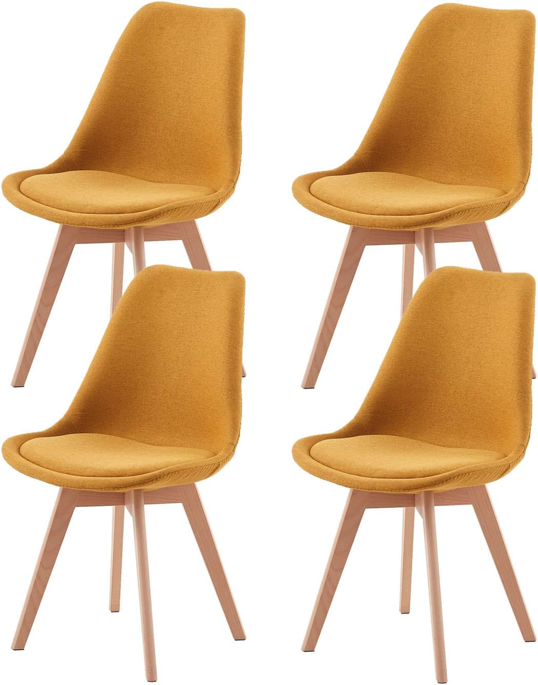 EGGREE - chaise scandinave lot de 4 - tissu/lin jaune - bois hêtre, rembourrée, testée SGS