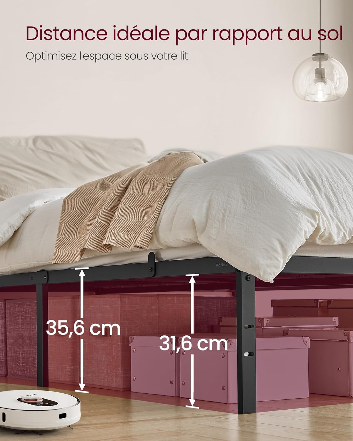 VASAGLE - cadre de lit moderne 160x200 cm, métal, rangement sous le lit, RMB135B01