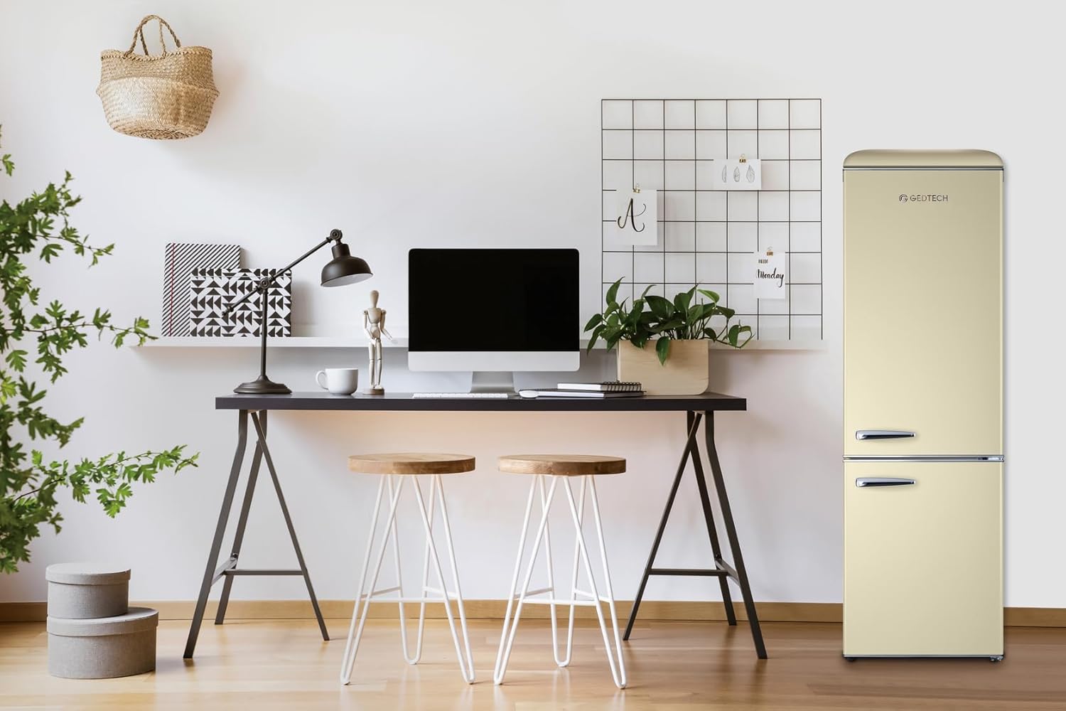 GEDTECH - réfrigérateur combiné vintage bas, 310L, crème, faible conso, GCBV310CR