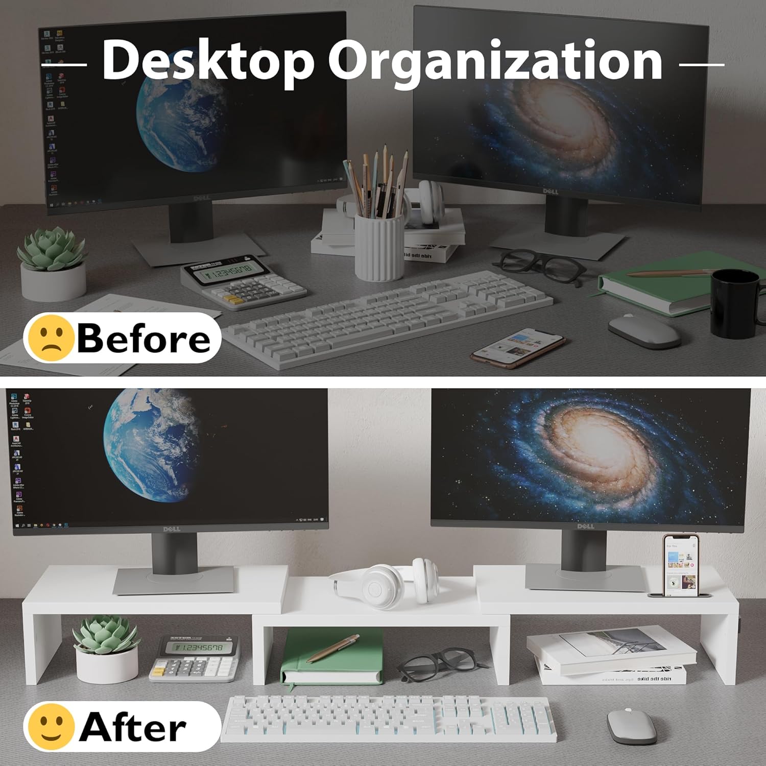 BONTEC - Support moniteur double réglable bois, blanc, longueur ajustable