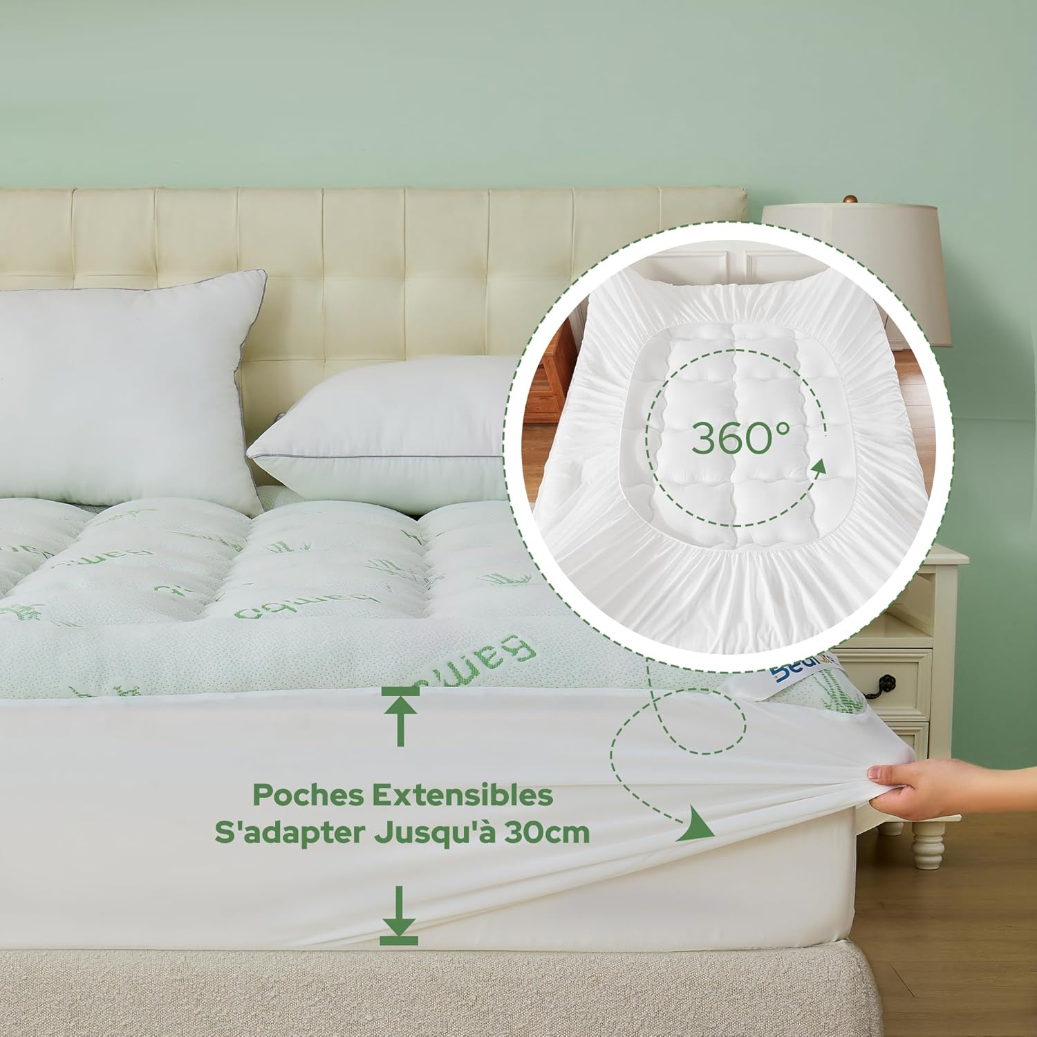 BEDLORE - Surmatelas Bambou - 140x200 cm - Respirant, Oeko-Tex, bonnet 30 cm