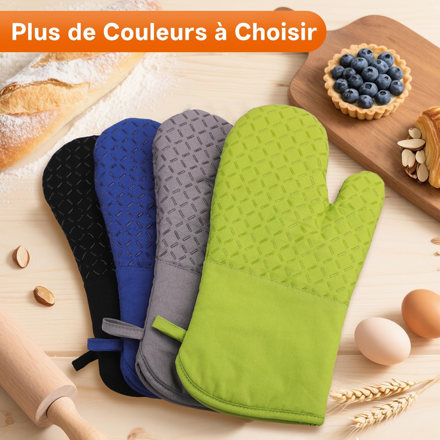 MILcea - Gants de cuisine anti-chaleur, 32cm, silicone/coton doux, lot de 4