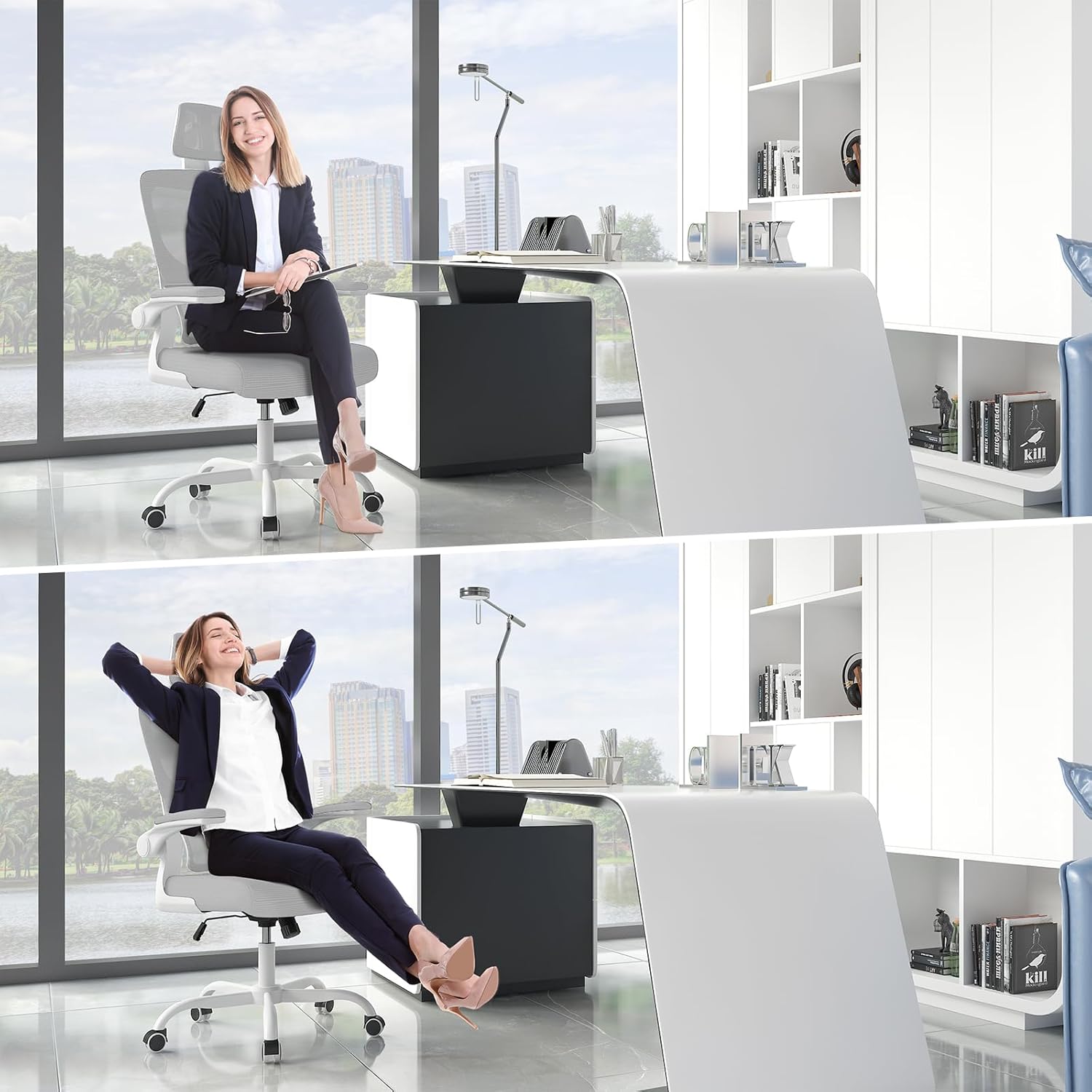 Chaise de Bureau - Ergonomique dossier réglable, appui-tête - maille respirante, support lombaire - gris