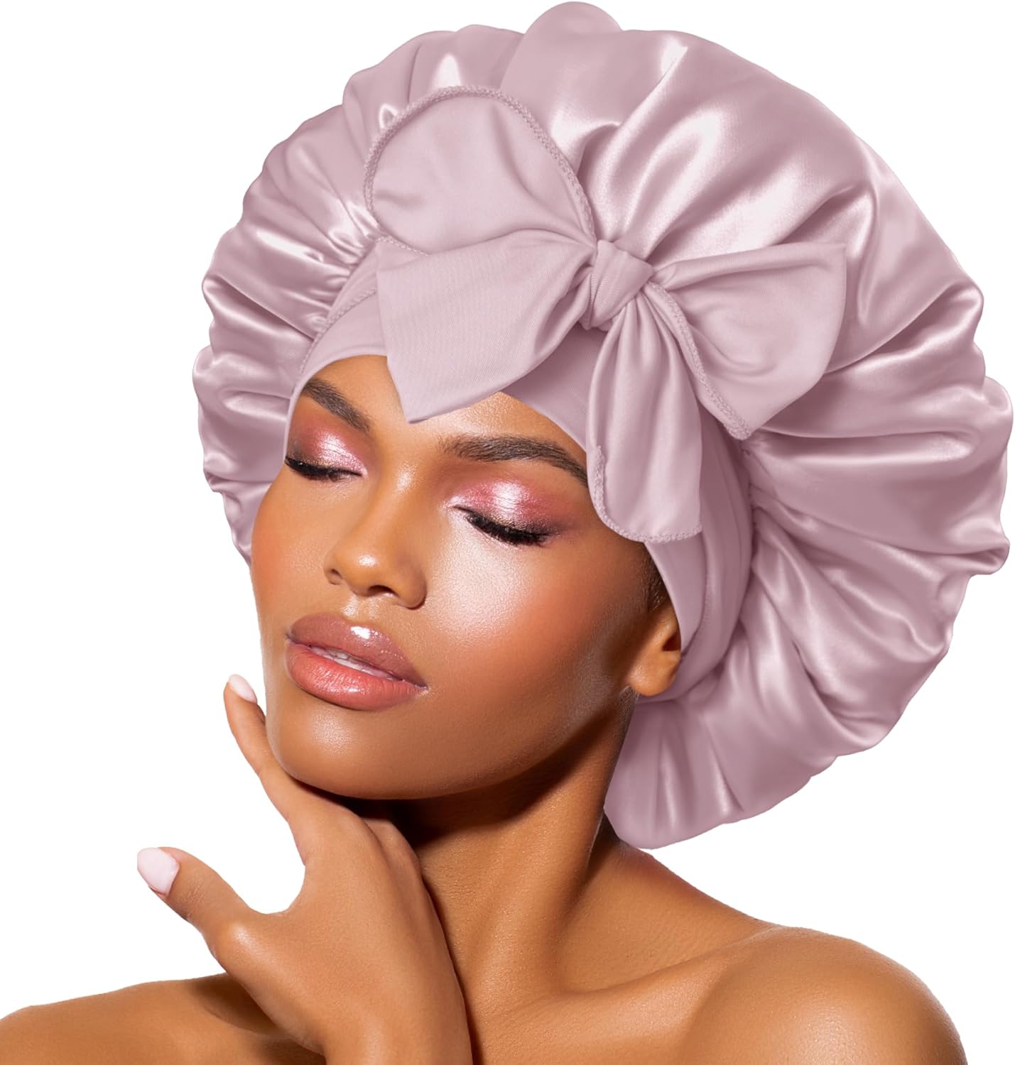 BONNET QUEEN - bonnet satin nuit femmes hommes moyen - ajustable, élastique, cheveux bouclés, or rose gris