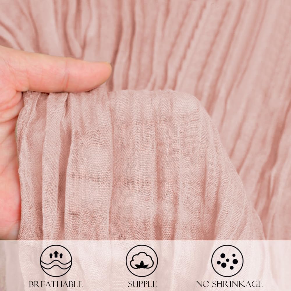 Chemin de table - gaze coton froissée rose 90x300cm style boho rustique