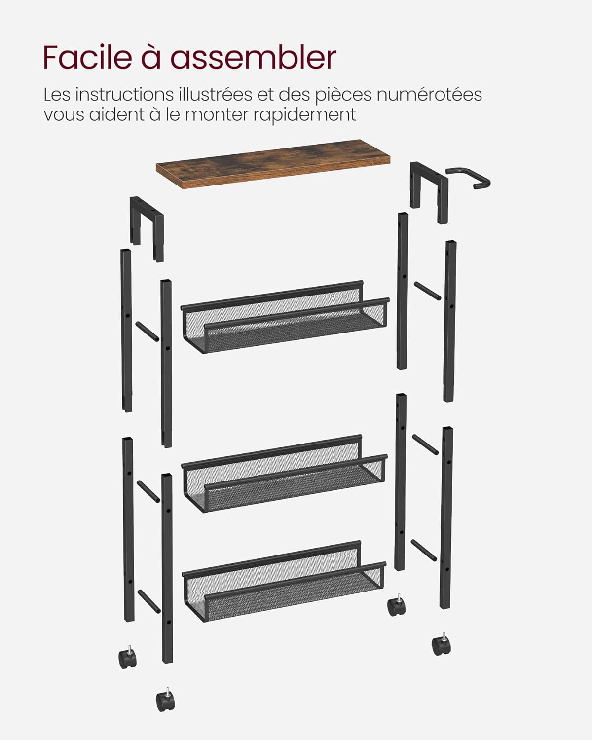 VASAGLE - desserte 4 niveaux, 13x45,4x77 cm, acier, roulettes, LRC032B01V1