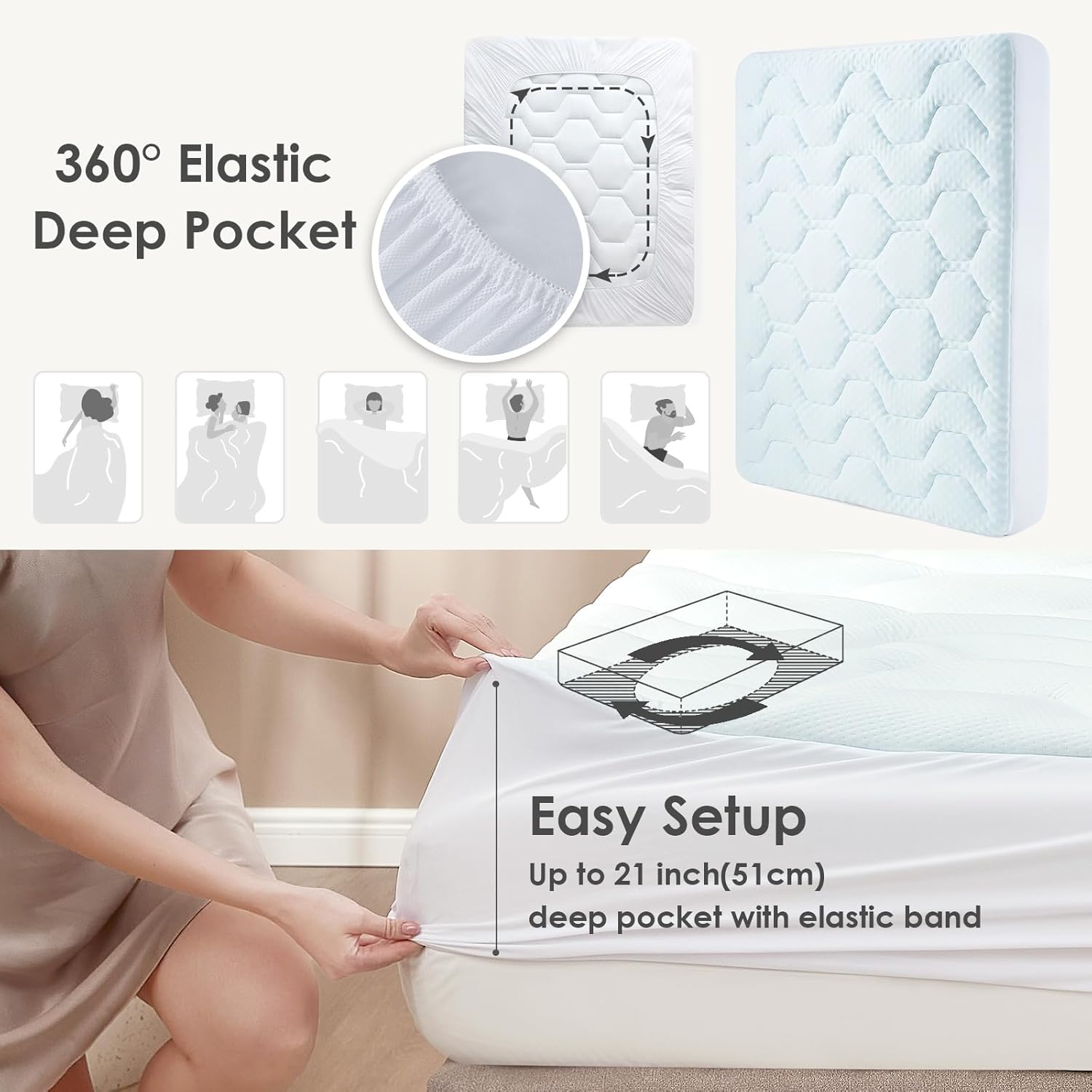 EHEYCIGA - Surmatelas mémoire de forme - 180x200cm - fibre rafraîchissante, poches profondes