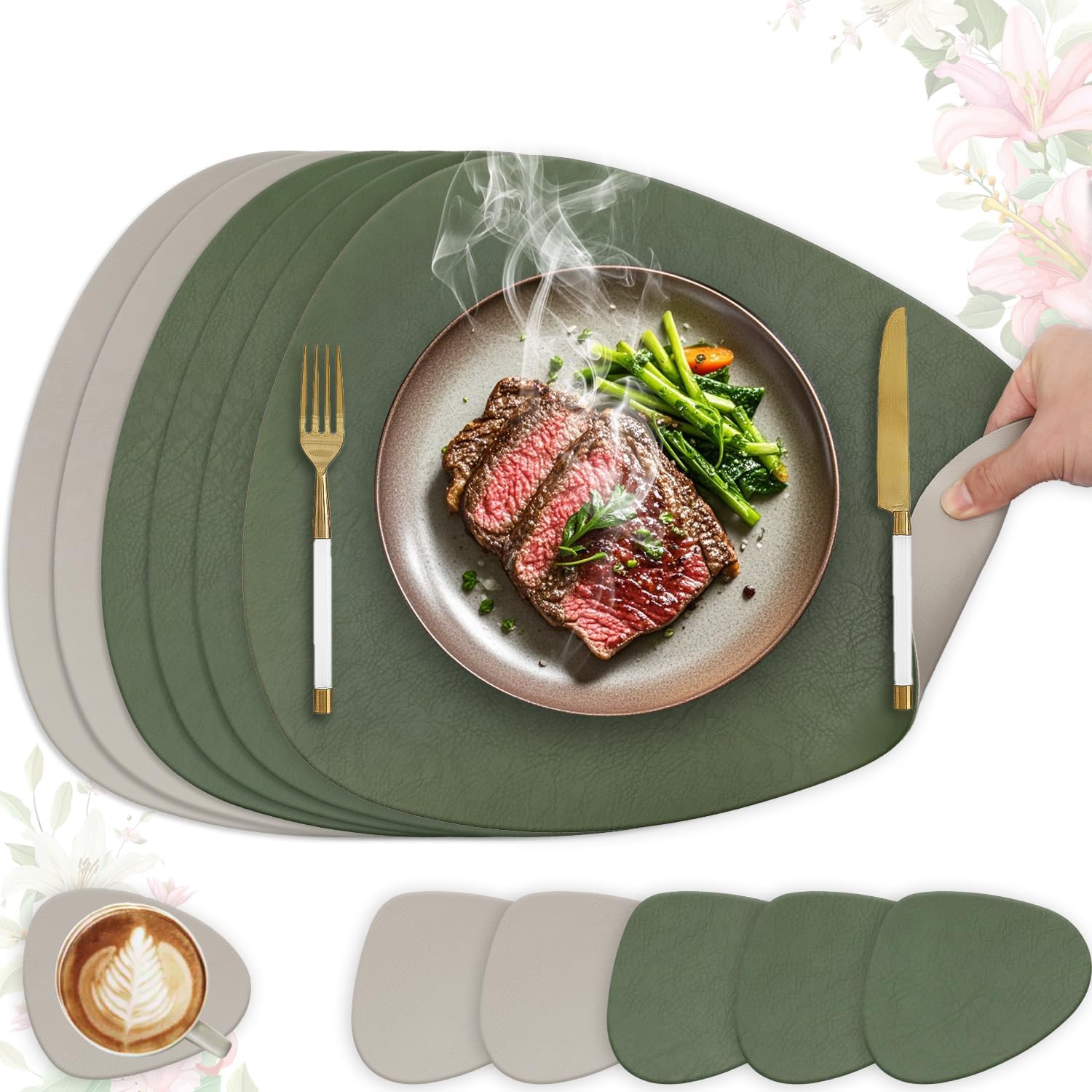 Set de table - lot 6 ovale 41x33cm - lavable, antidérapant, cuir PU, vert/gris