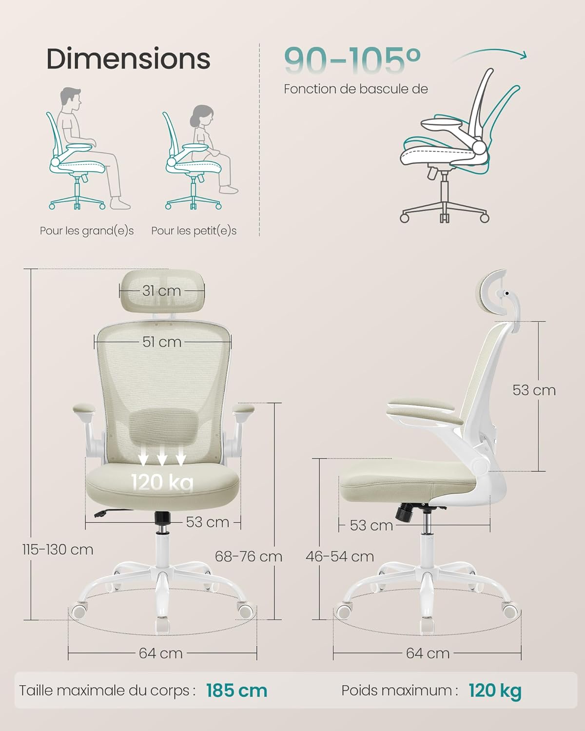 SONGMICS - chaise bureau ergonomique, 53 cm, maille, soutien lombaire, accoudoirs pliables, OBN047K01
