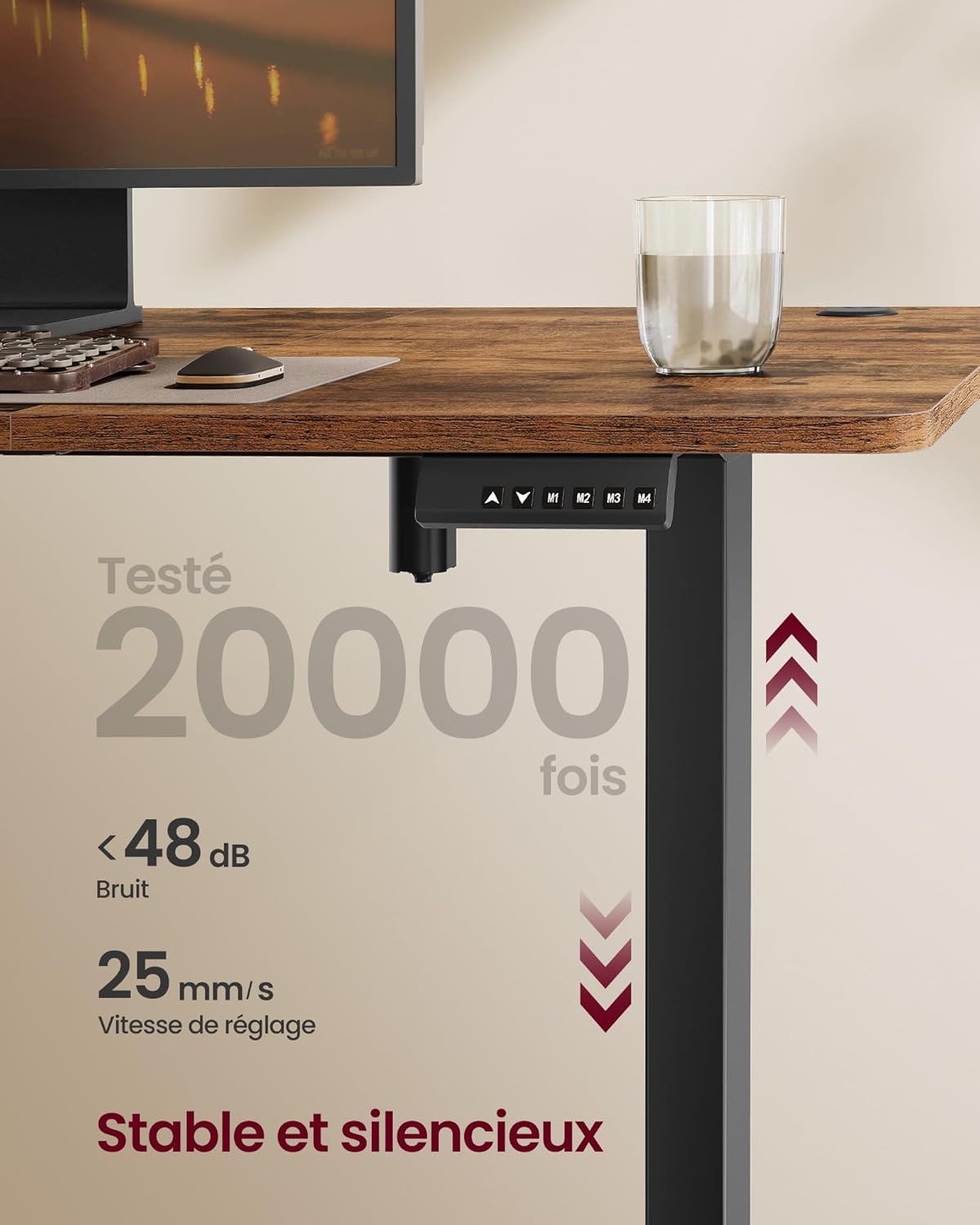 SONGMICS - bureau électrique réglable - 180x80 cm - 4 hauteurs mémoire, assis-debout, marron rustique - LSD138K01