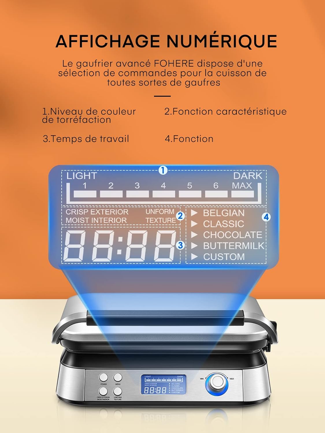 Gaufrier belge - double, inox, 2 tranches, LED, 5 programmes, 7 niveaux