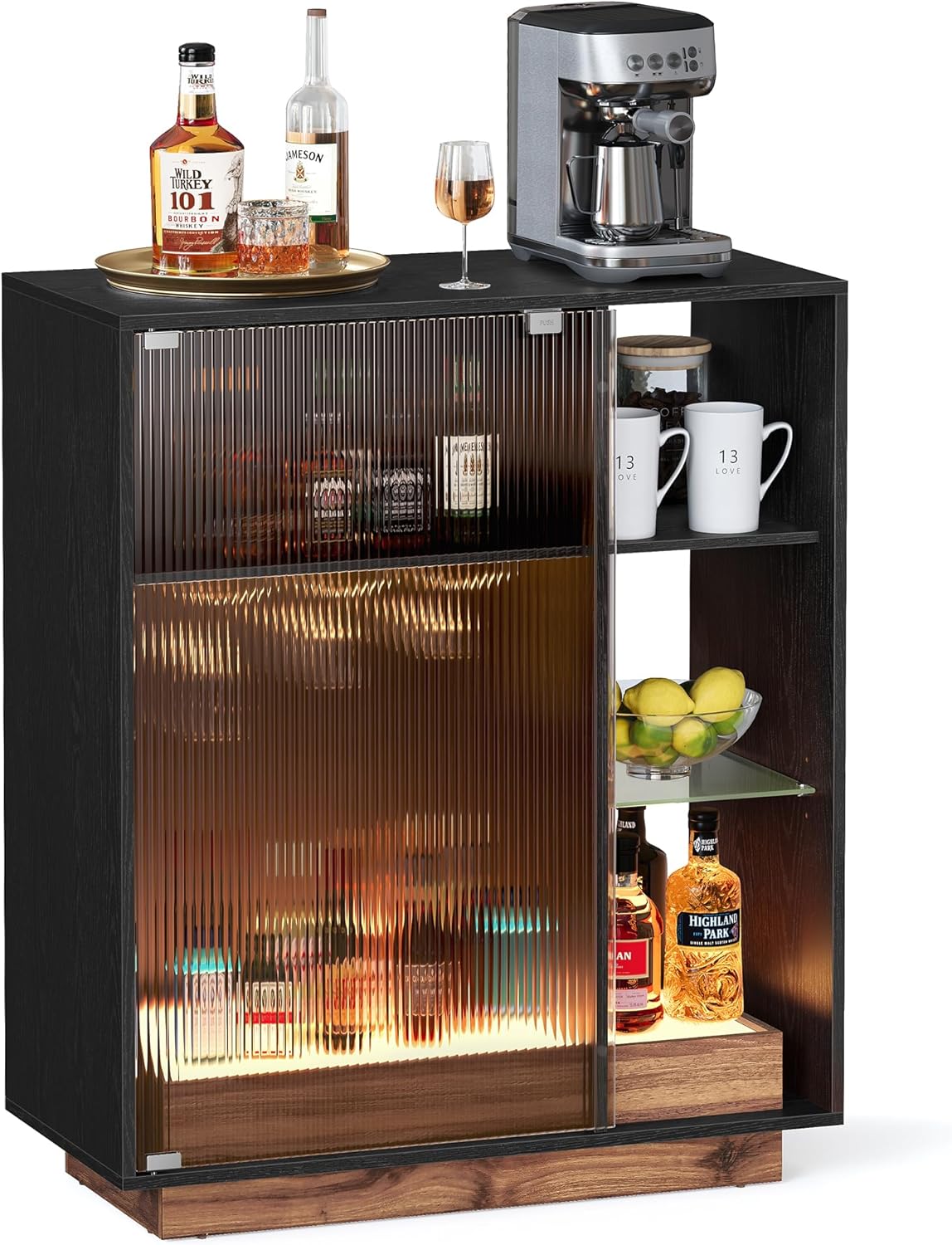 VASAGLE - bar à vin LED, porte-verre, porte vitrée, 100x40x80 cm - BBK361B21
