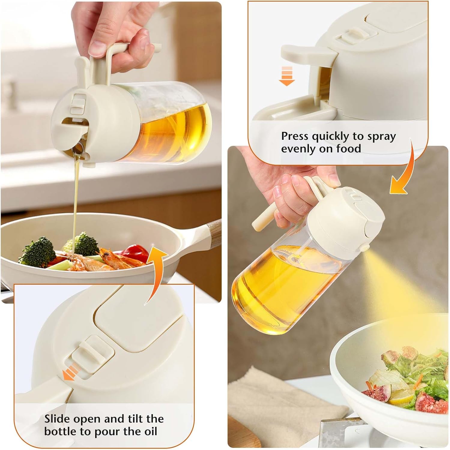 Pulvérisateur huile cuisine 470ml, 2 en 1, blanc, multifonction