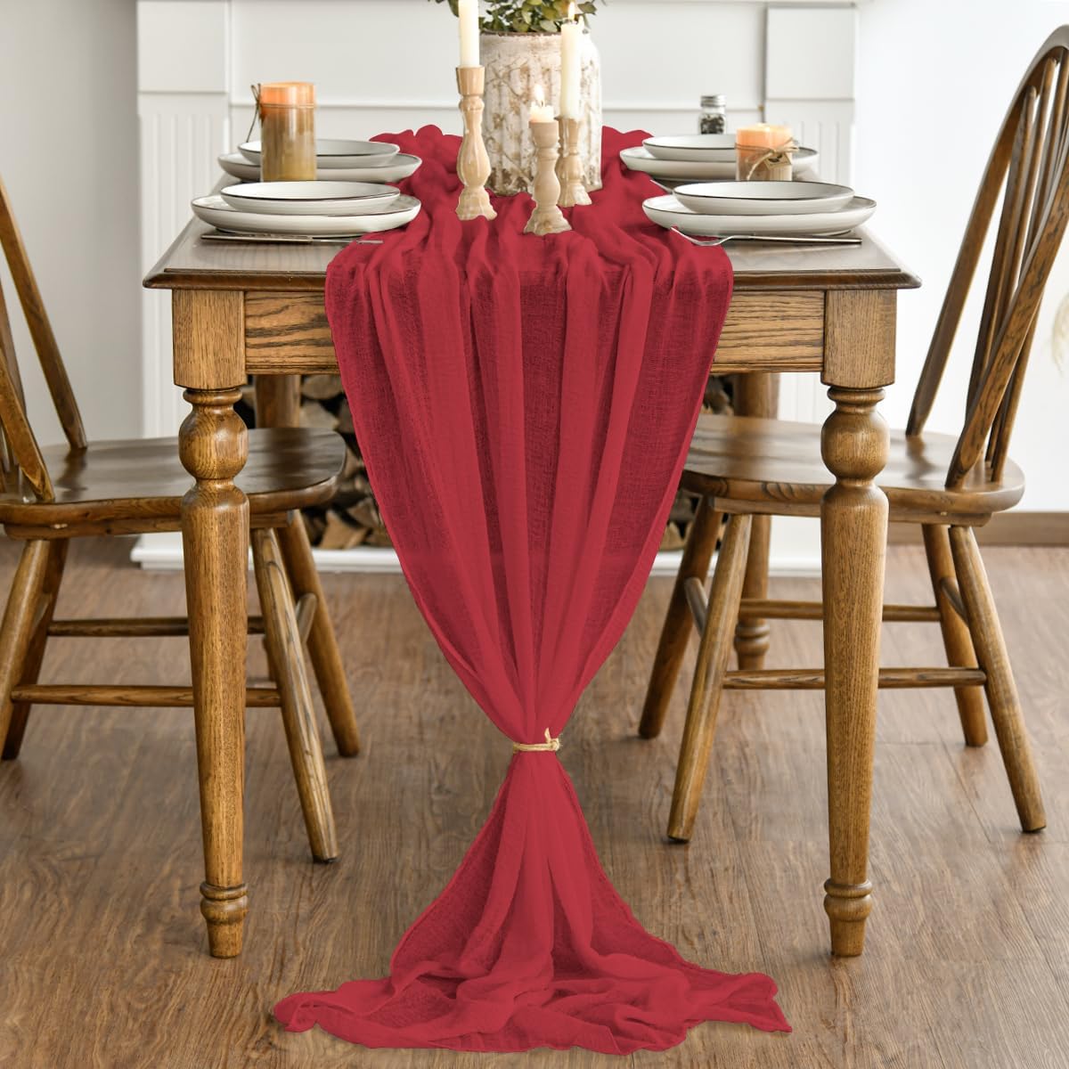 Artoid Mode - Chemins de table bohême gaze mousseline rouge - 300cm - déco mariage anniversaire