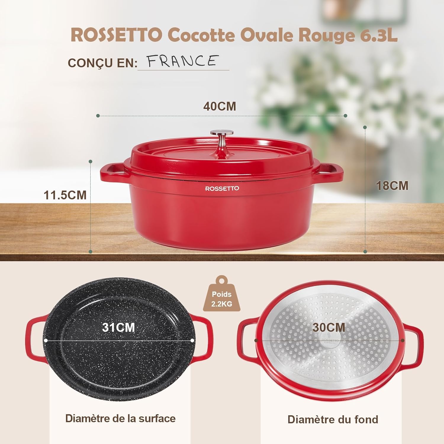 Rossetto - cocotte ovale - 31cm, 6,3L, fonte alu, induction, 230℃
