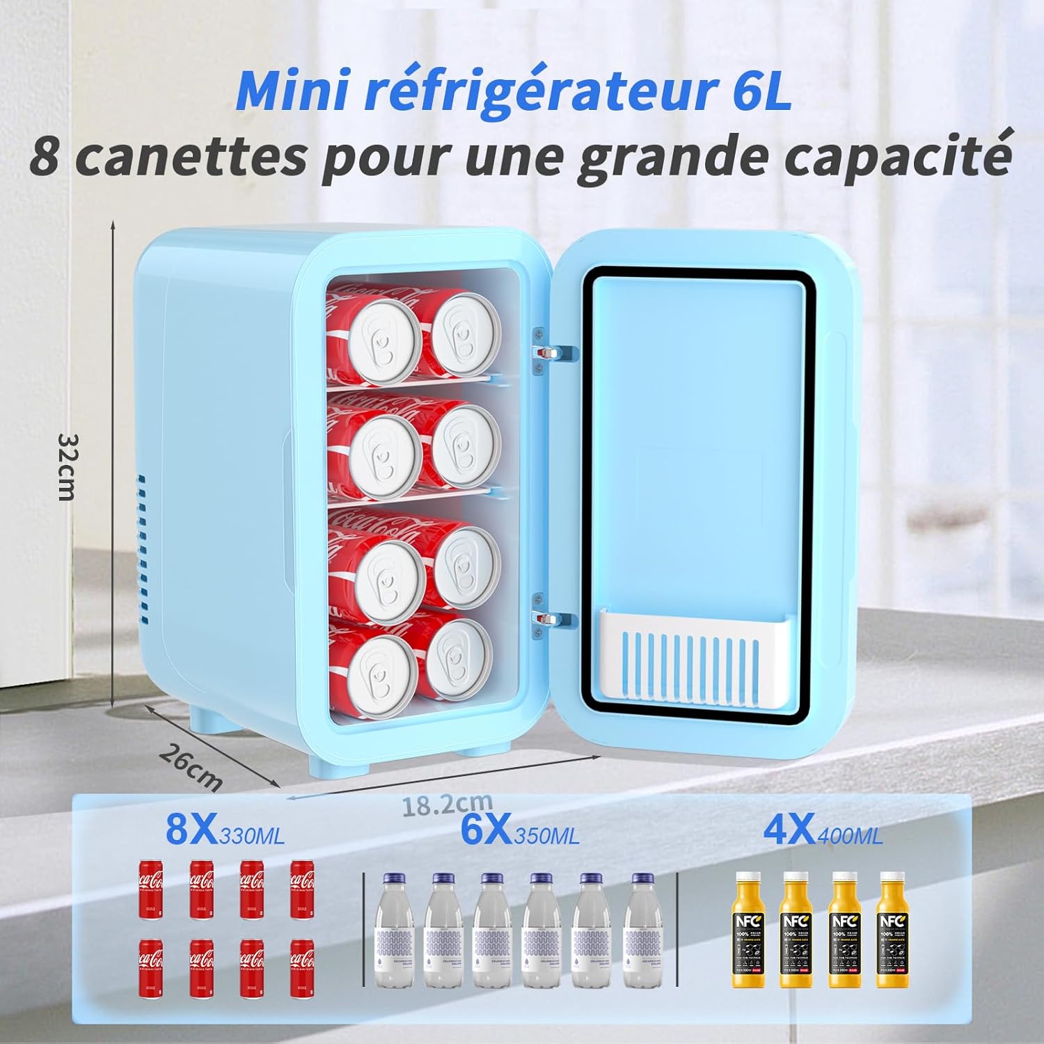 YASHE - mini réfrigérateur 6L - 220-240V AC/DC, portable, bleu