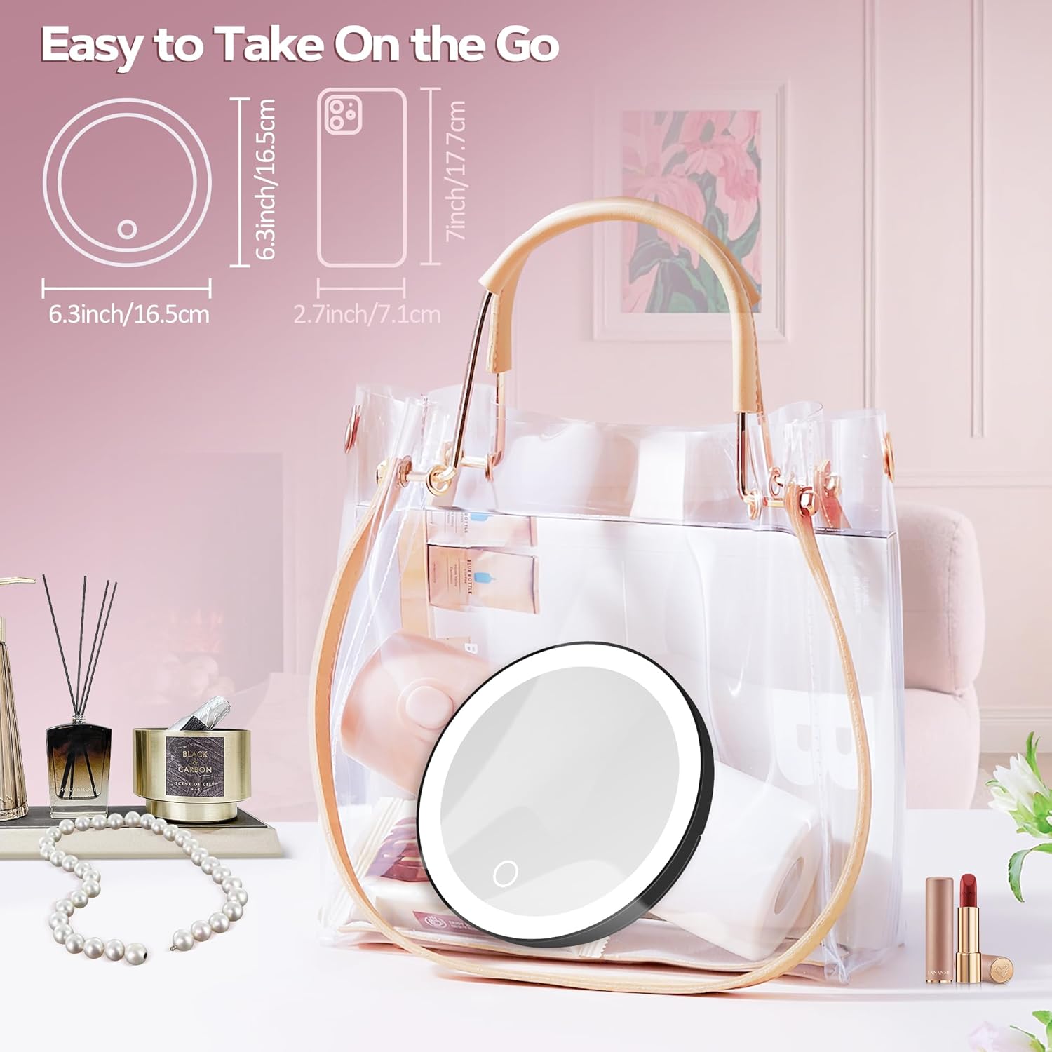 Miroir grossissant - 30x, ventouse, éclairage LED, intensité variable, noir