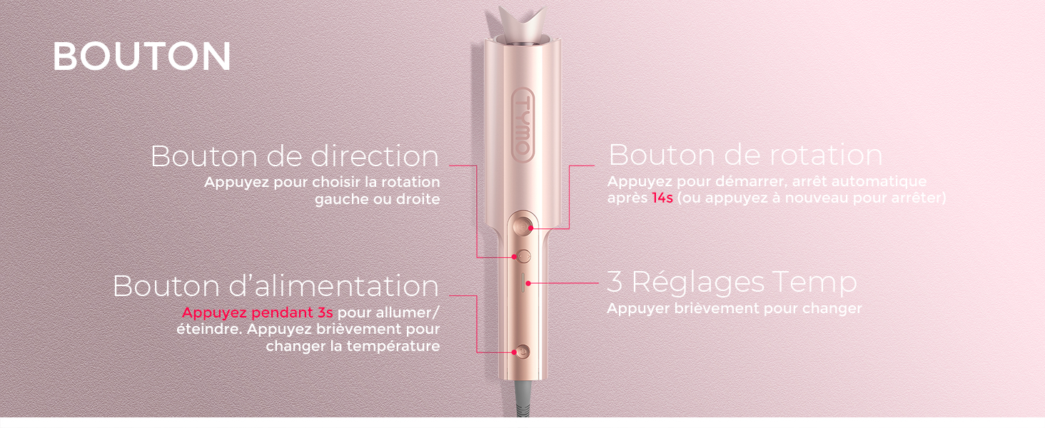 Le texte indique « BOUTON ». Le produit semble être un outil d'application de cosmétiques ou de soins de la peau métallique présenté sous plusieurs angles.