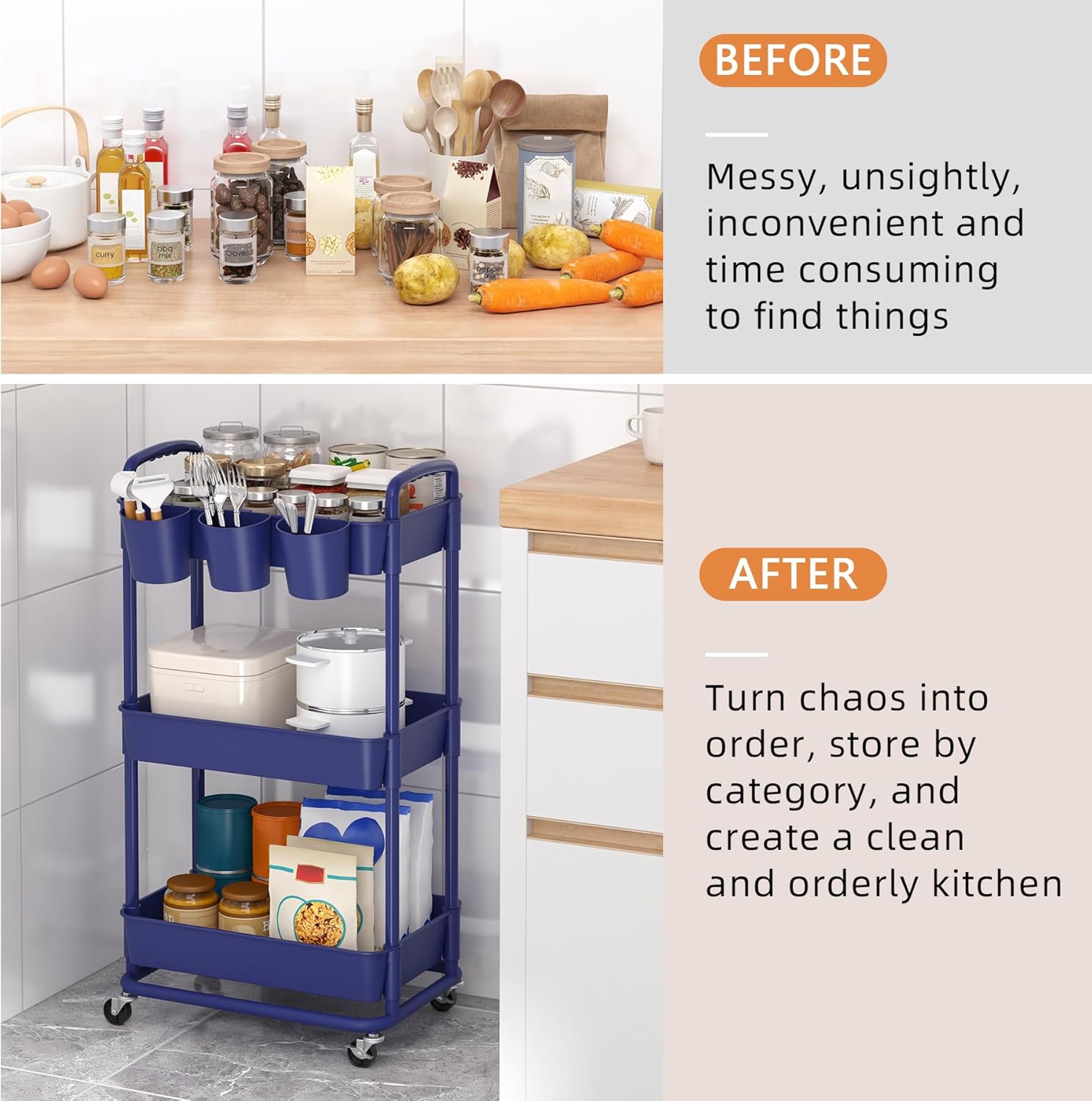 JIUYOTREE - Chariot de rangement 3 niveaux - 43x36x87 cm - roulettes verrouillables, poignées, gobelets suspendus, Bleu