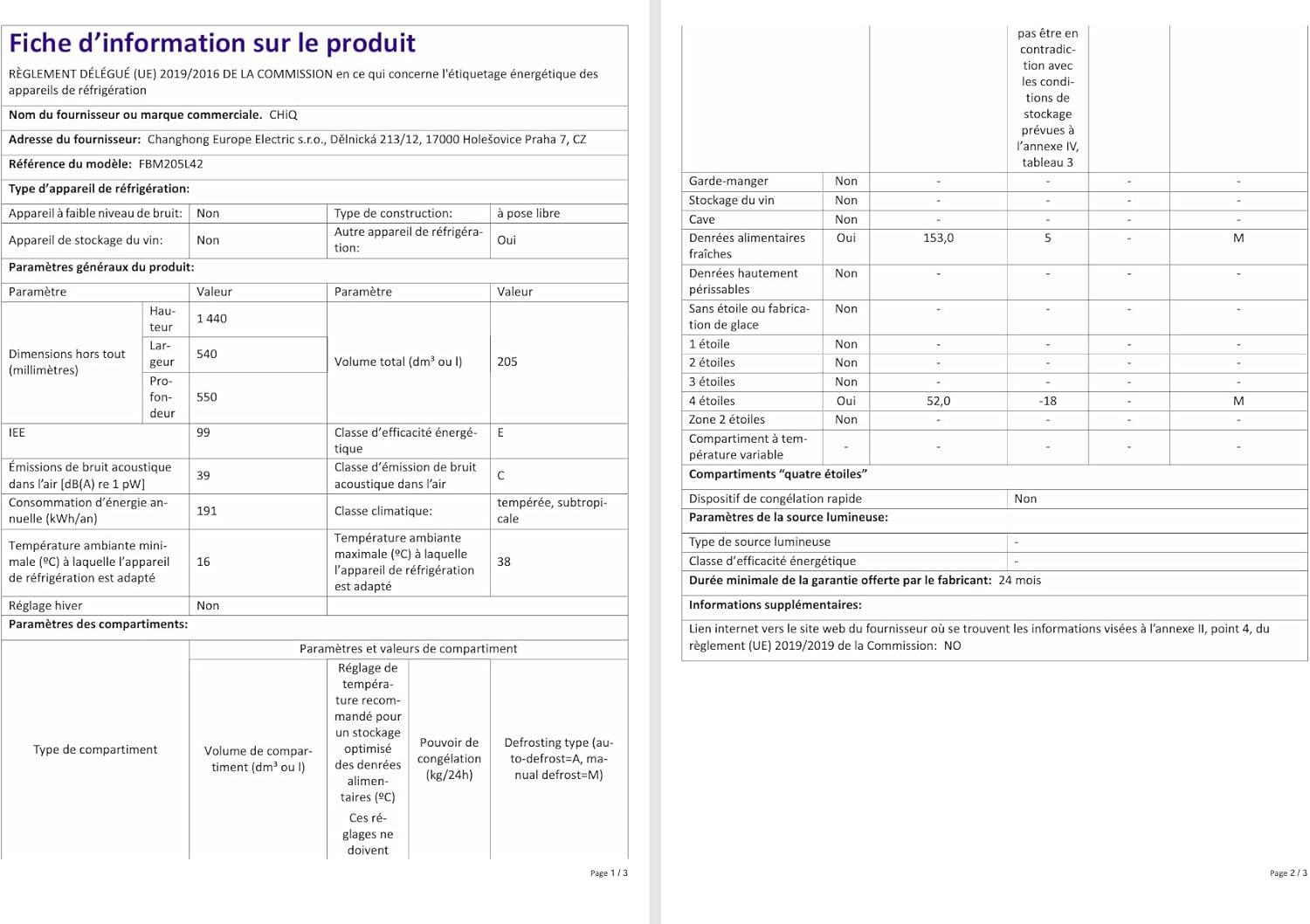 CHIQ - FBM205L42 - 205L, acier noir, 39dB, faible givre, portes réversibles