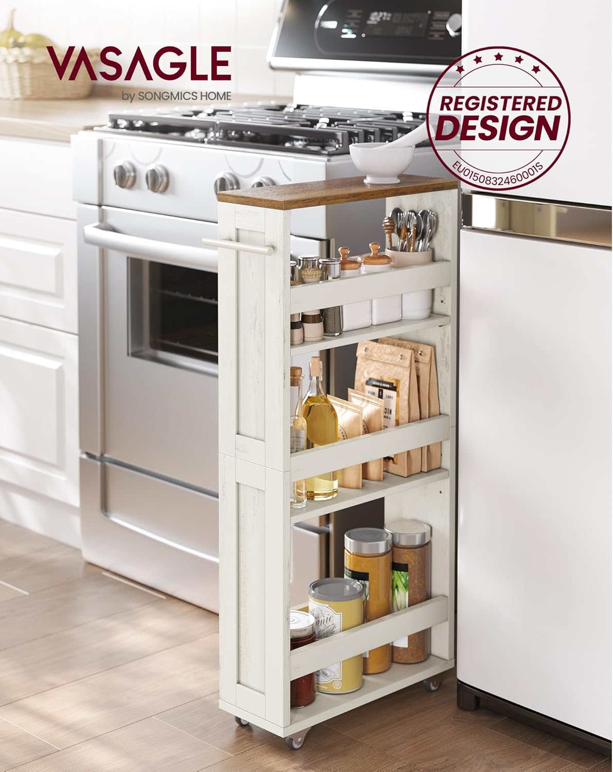 VASAGLE - chariot de rangement 4 niveaux - 15x43,2x86,5 cm - roulettes, poignée, blanc rustique et marron miel, LRC050K0