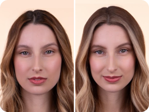 Plusieurs vues montrant les résultats avant et après l'application d'un produit de beauté dans un format d'écran partagé.