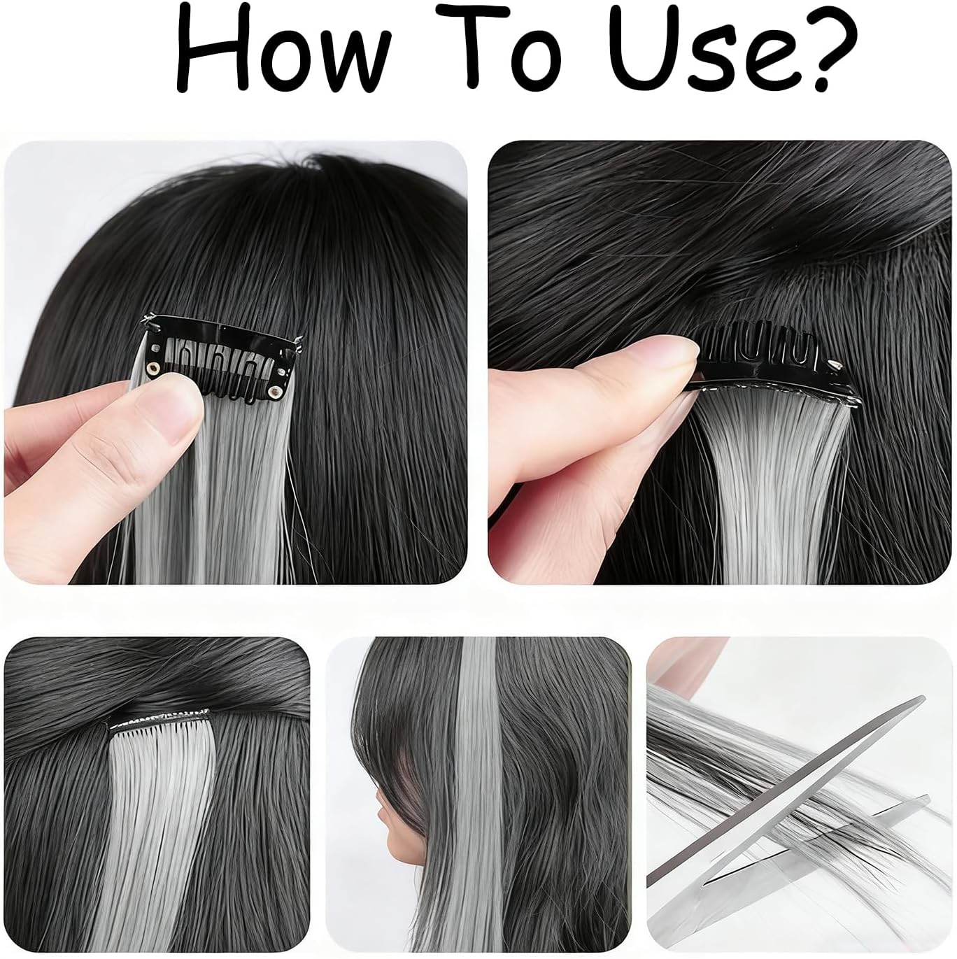 Extensions à clip cheveux - 22 pouces - 10 pièces, coloris gris, lisses