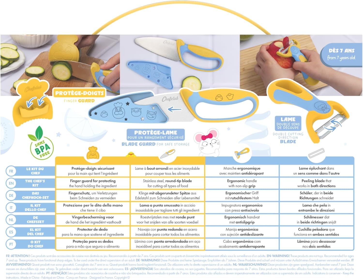 Chefclub Kids - Coffret cuisine enfants inox, lame ronde, éplucheur bi-directionnel, 4 ans+