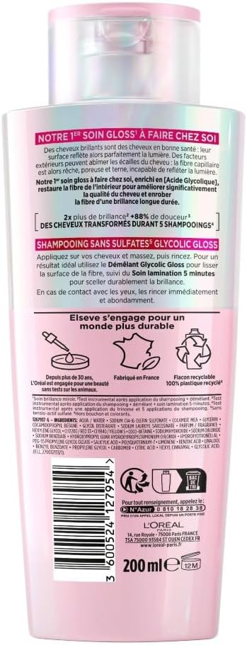 L'Oréal Paris - Elseve Glycolic Gloss - Routine cheveux ternes - sans sulfates - pack 3 soins
