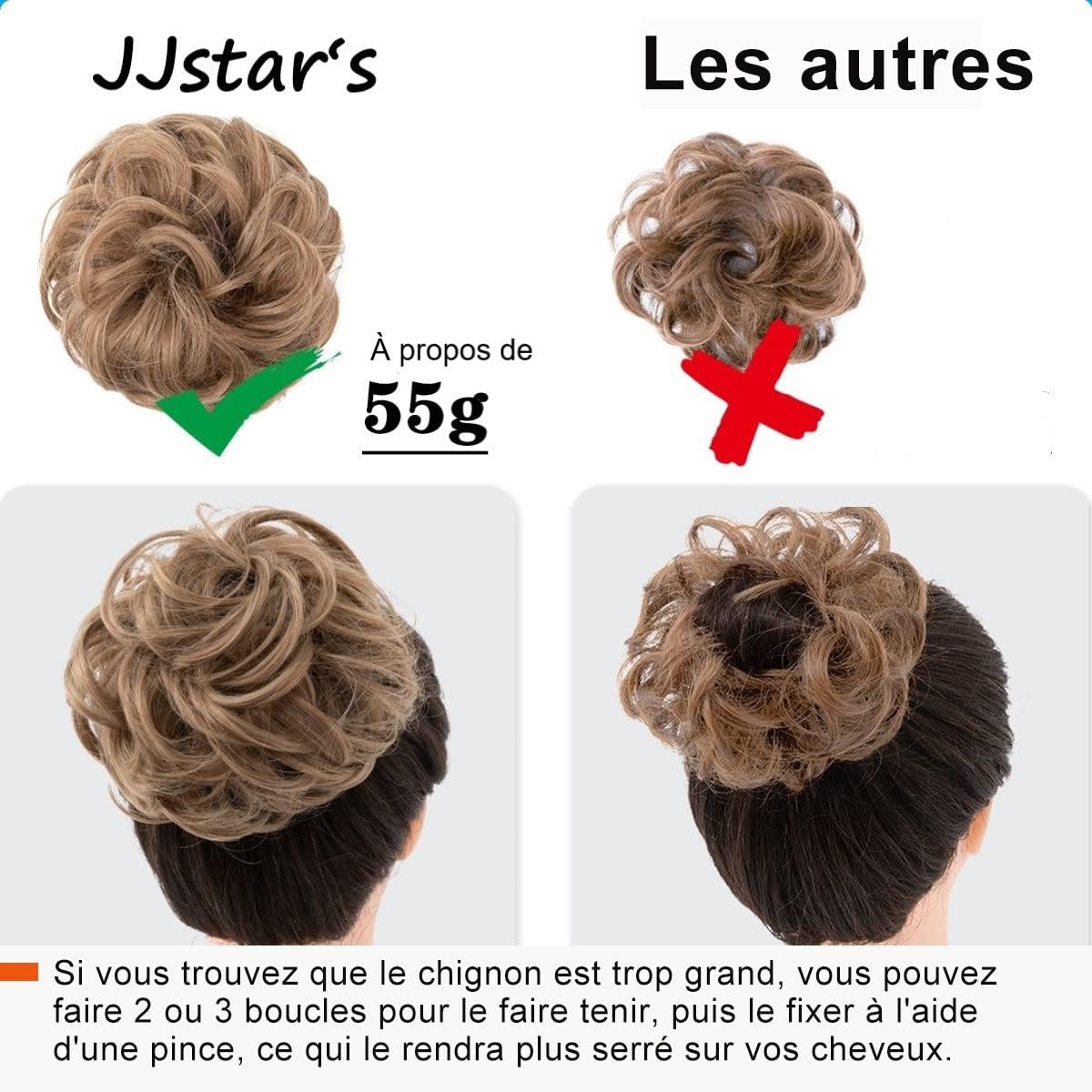 JJstar - Chignon postiche bouclé, gris mèches blanches, élastique, aspect naturel