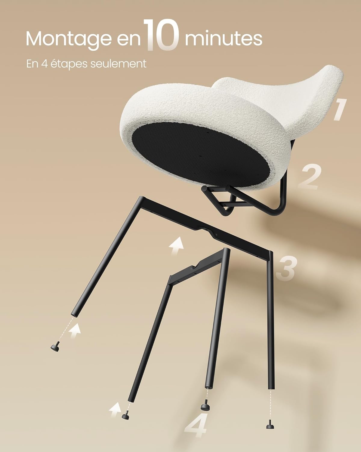 VASAGLE - Lot de 4 chaises modernes - acier, tissu peluche, dossier courbé, salle à manger, blanc crème - KDC110W14