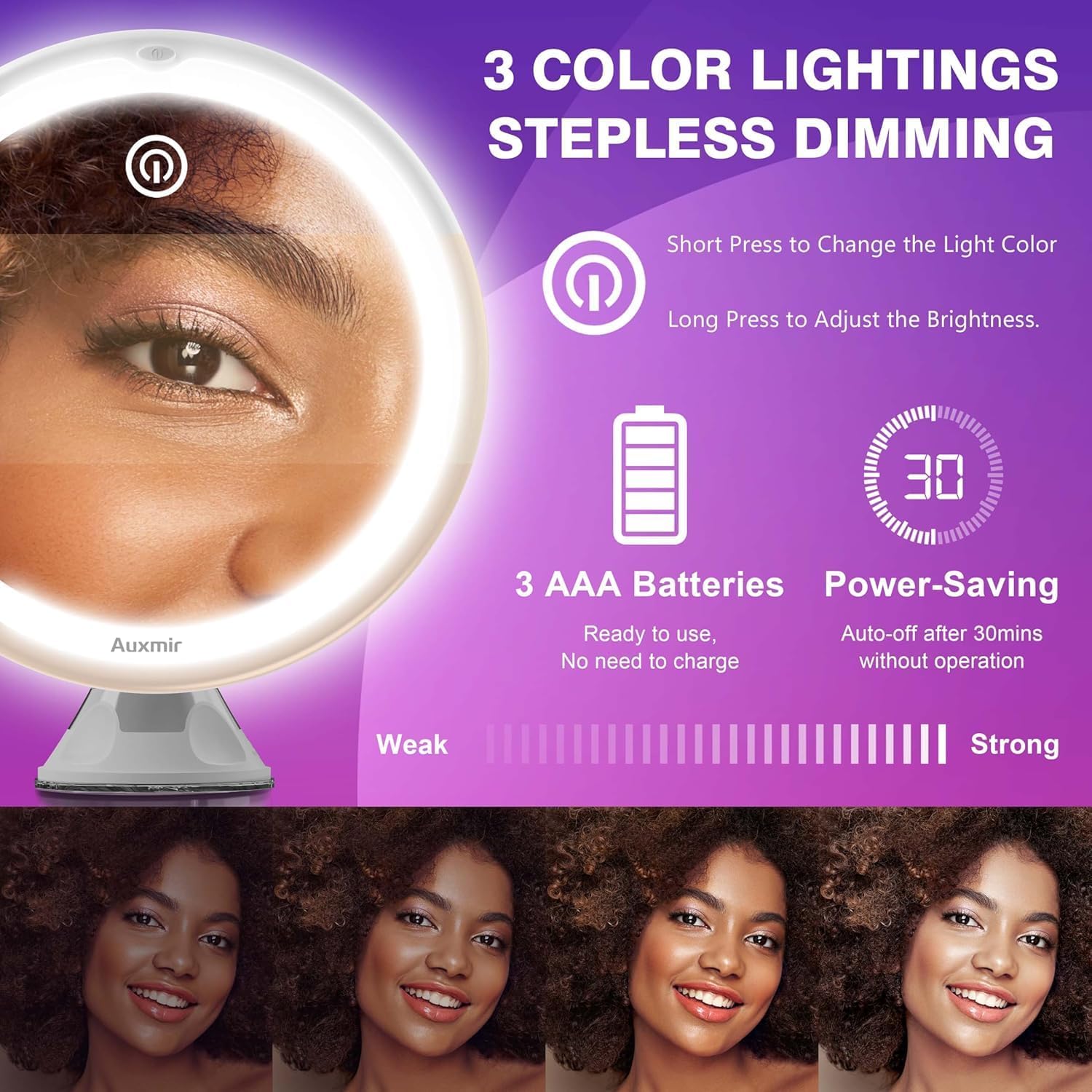 Auxmir - miroir grossissant 20X - LED 3 tons, ventouse, 360°, compact