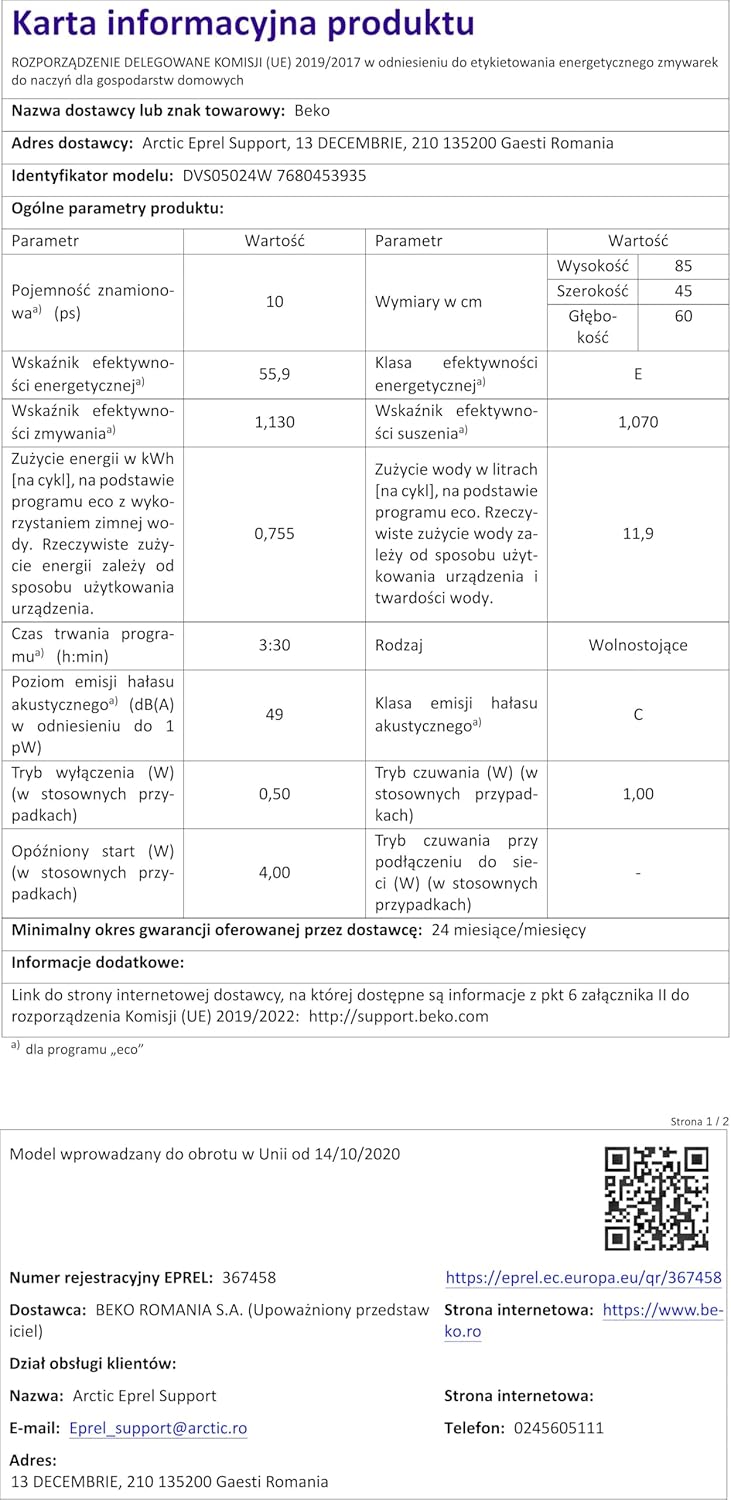 Beko - lave-vaisselle 10 couverts compact 45cm, autoportant - DVS05024W