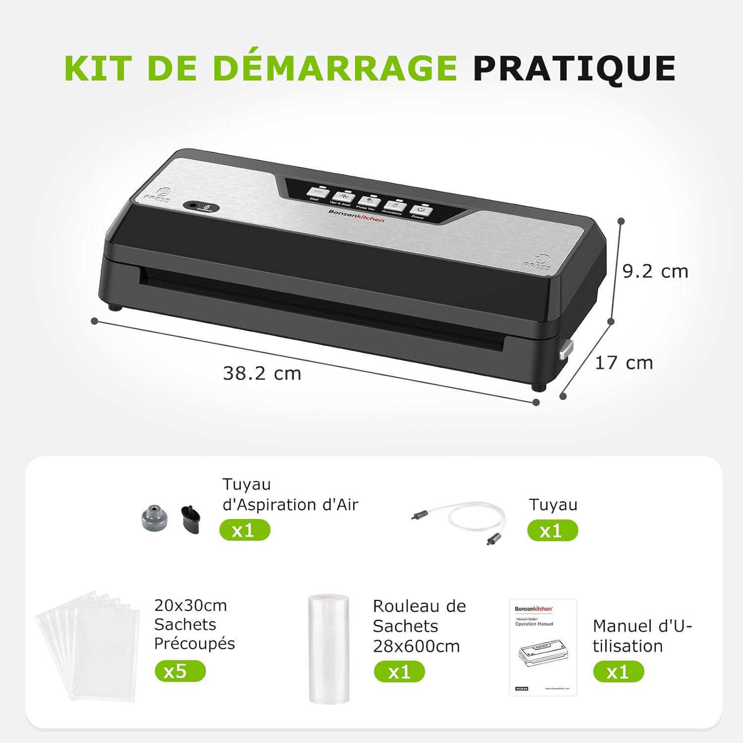 Bonsenkitchen – Machine sous vide – compacte – coupe-sac, rangement, rouleau, 5 sacs