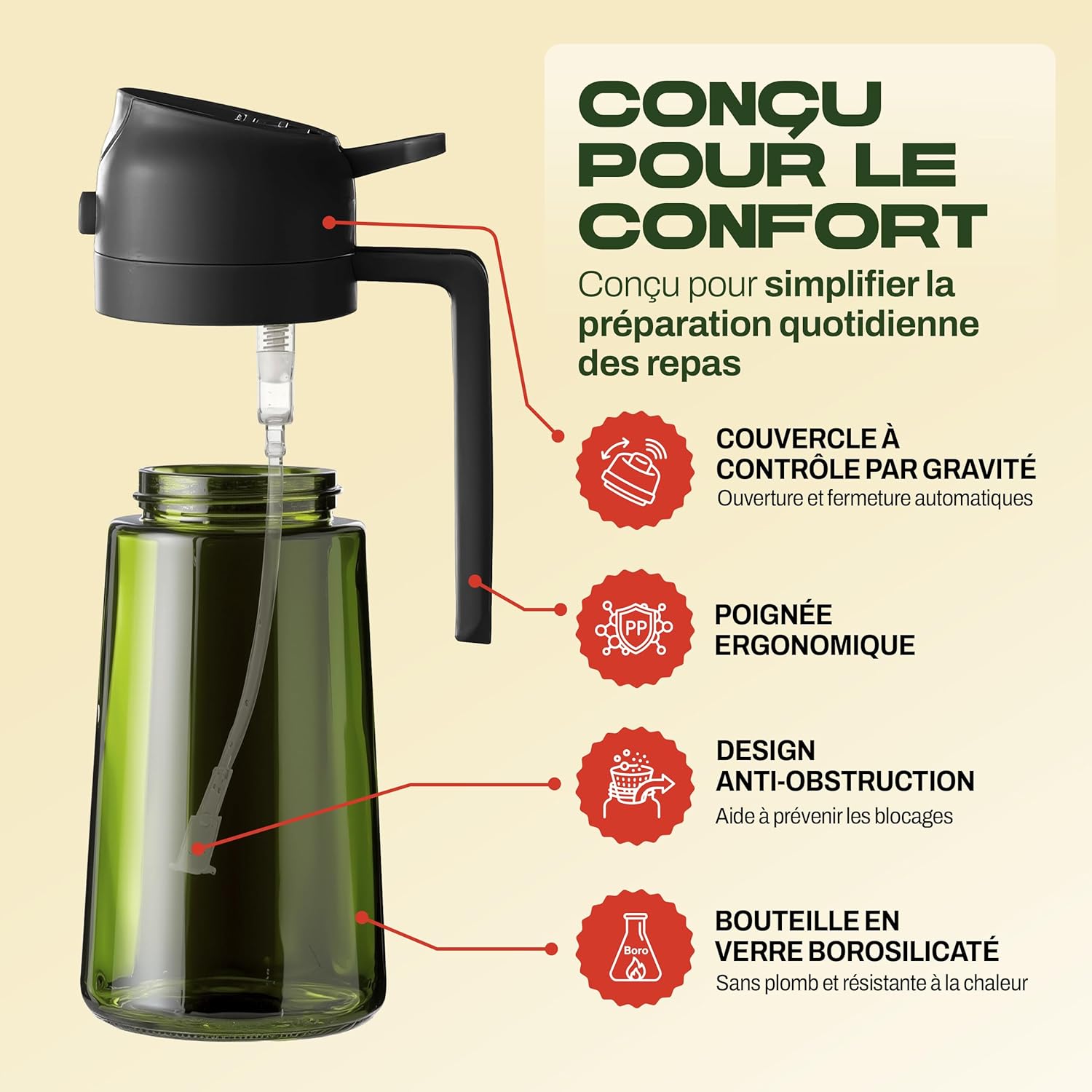 PORTENTUM - spray huile cuisine 2 en 1 470ml - verre vert, spray et verseur