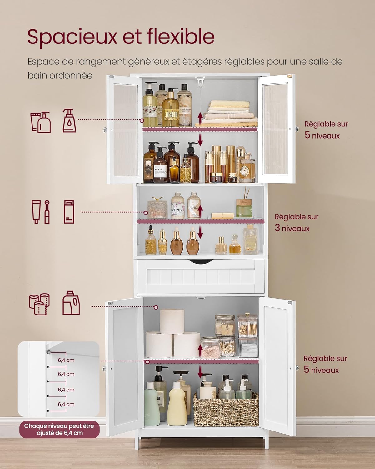 VASAGLE - Armoire salle de bain réglable, tiroir, blanc, 60x30x80cm BBC768W01