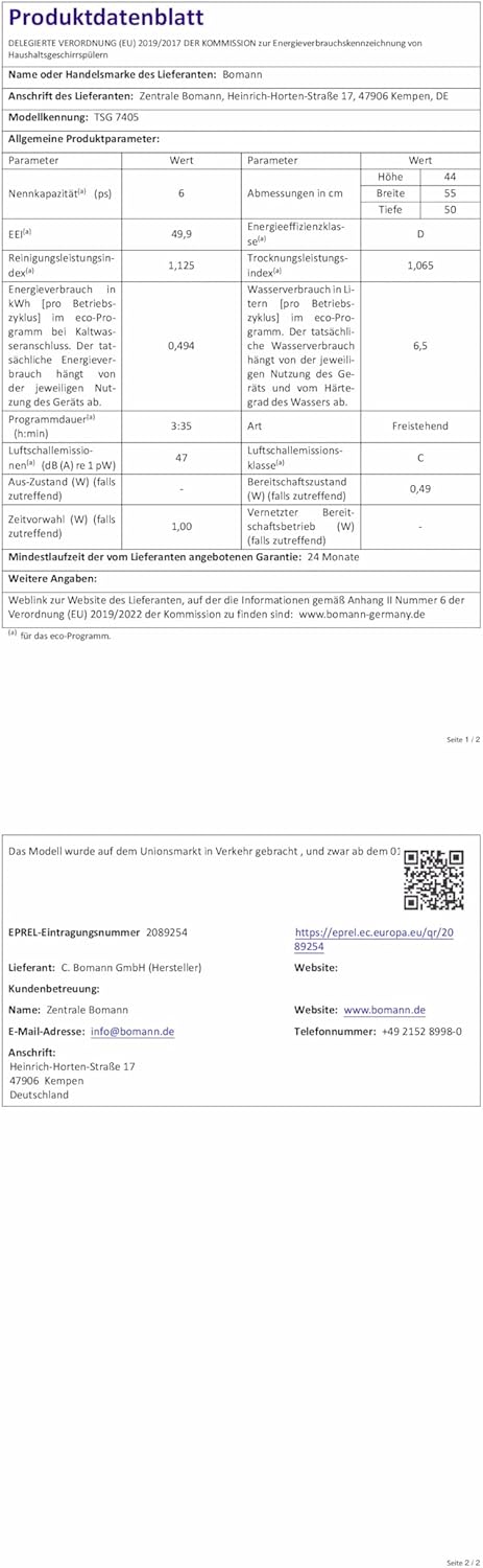 Bomann - Lave-vaisselle compact - design élégant, 6 réglages, 47 dB, TSG7405