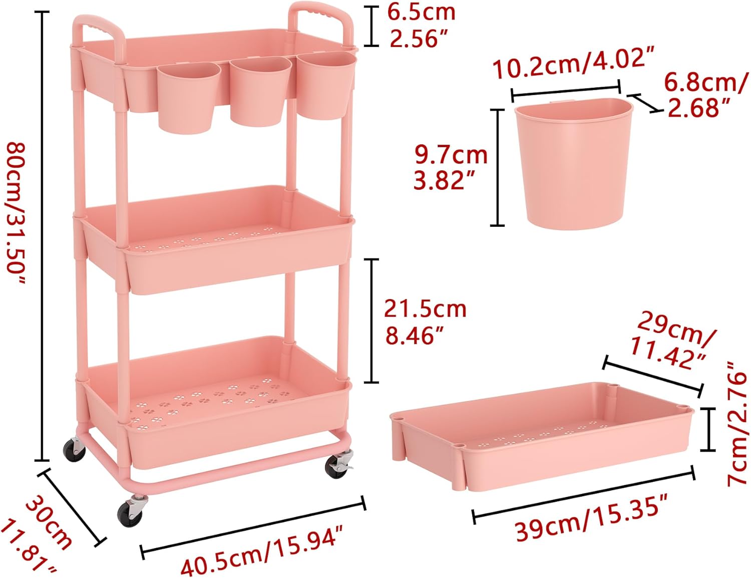 JIUYOTREE - chariot rangement 3 niveaux, roulettes, poignées, gobelets, 78x44x36 cm, rose