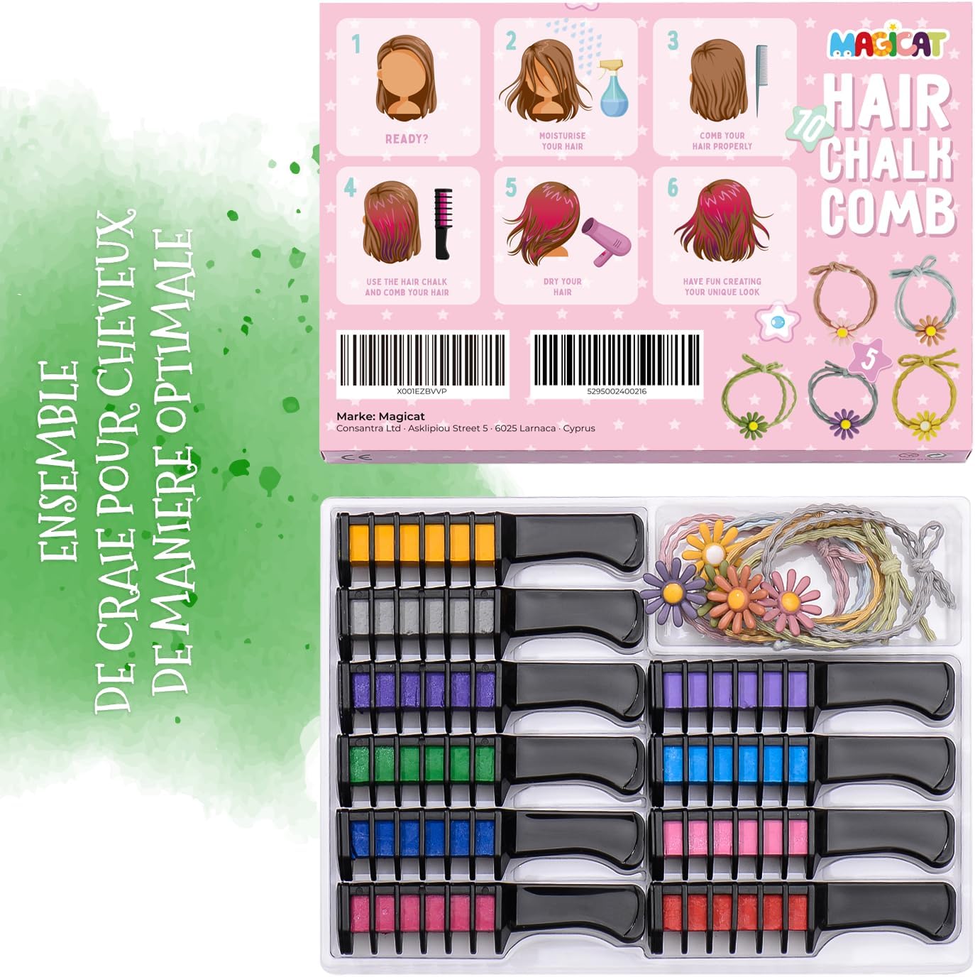 Magicat - Peigne à craie cheveux 10 couleurs, lavable, 5 élastiques