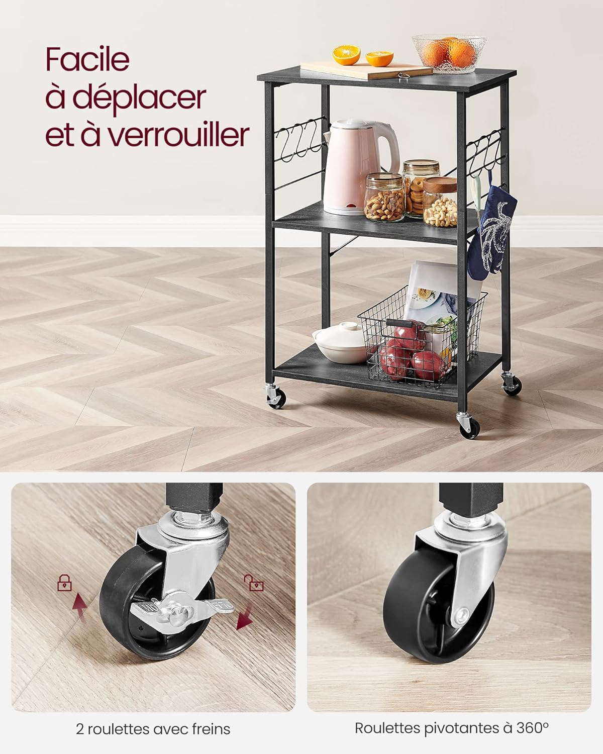 VASAGLE - étagère de cuisine, 3 niveaux, 40x60x89 cm, roulettes, 6 crochets, KKS060B42