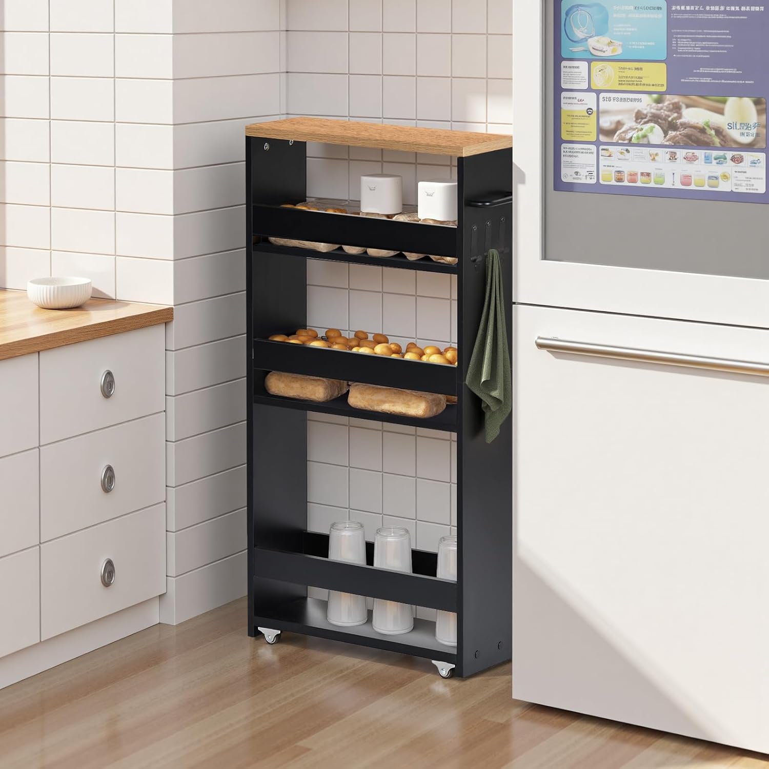 Chariot de rangement 15 cm, 4 niveaux, poignée et crochets, noir/naturel