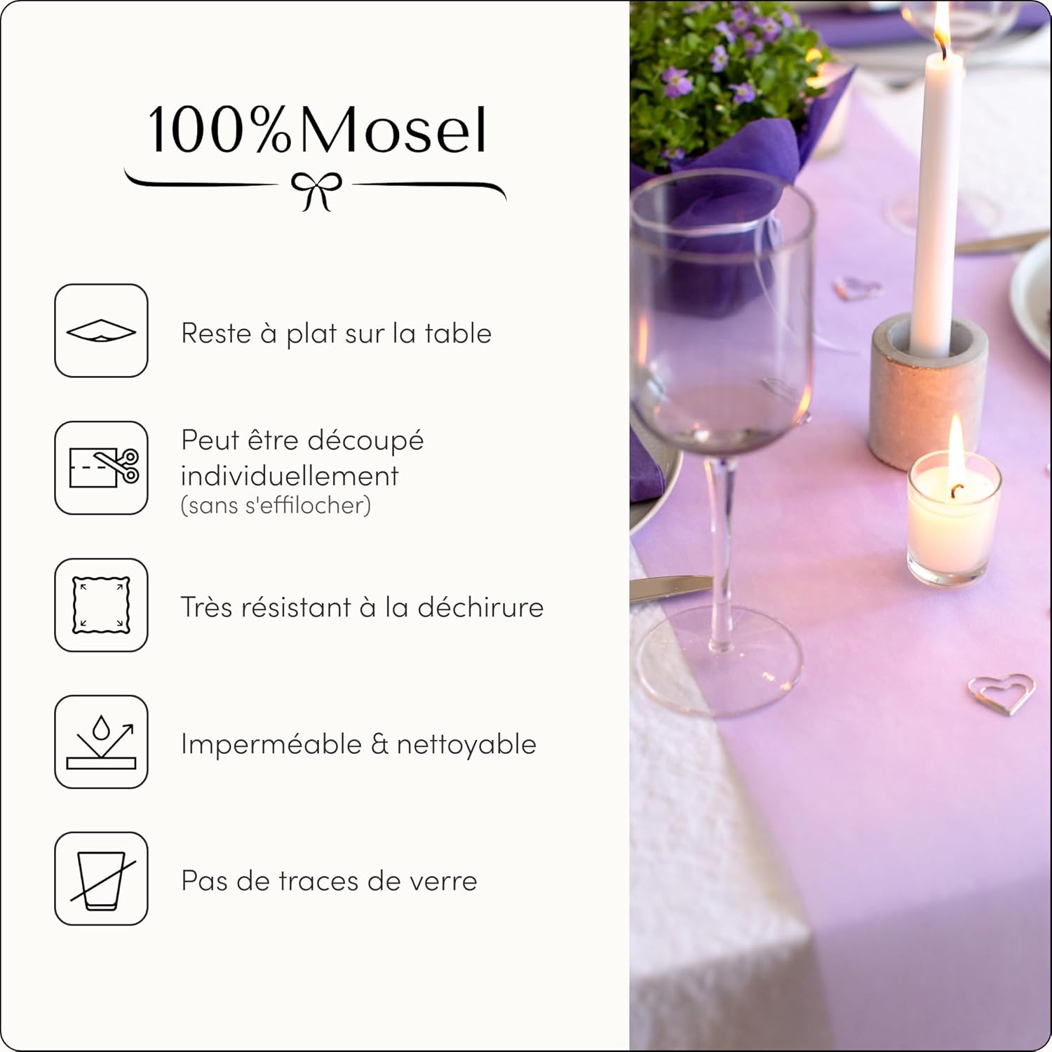 100%Mosel - Chemin de Table Non-tissé Lilas - 30x2500cm - Décor Anniversaire/Mariage