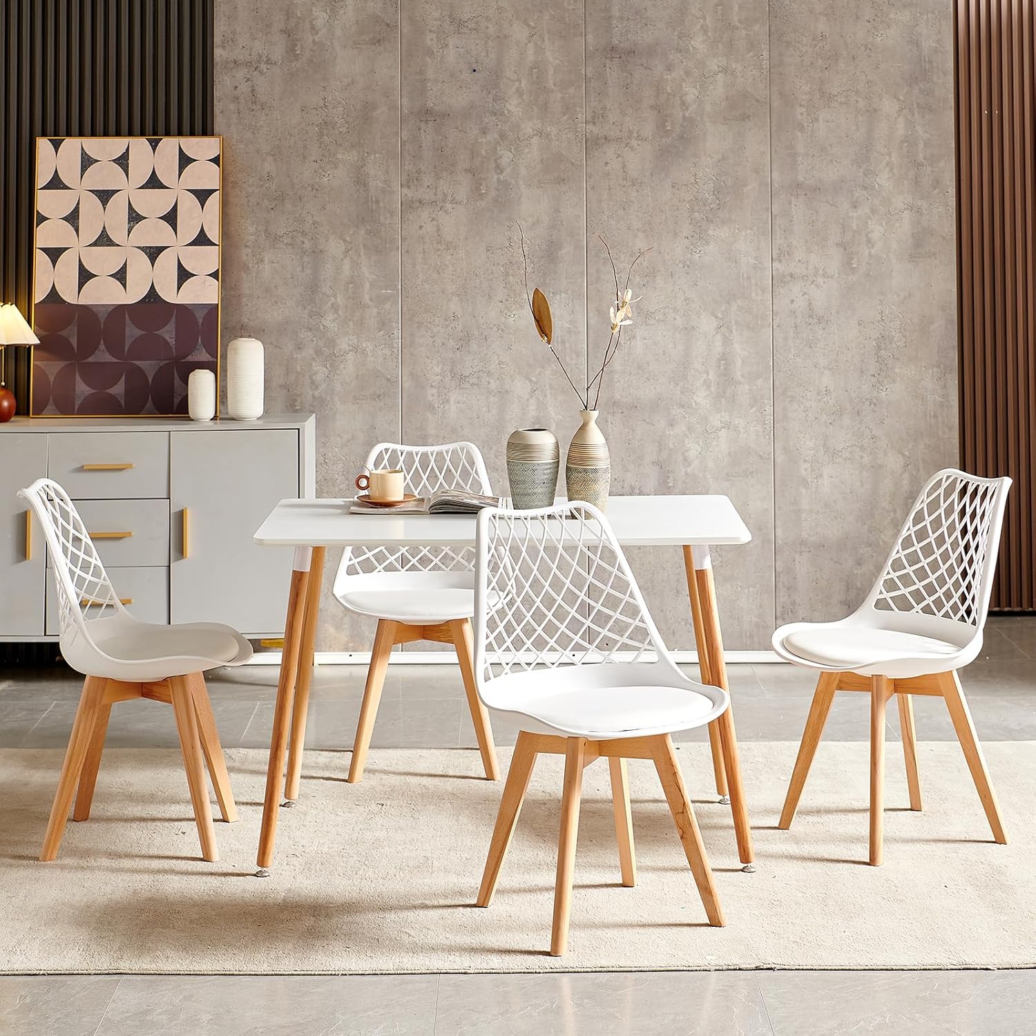 Eggree - Lot de 8 chaises scandinaves blanches, bois hêtre, assise creusée, coussin, motifs ajourés, testées SGS