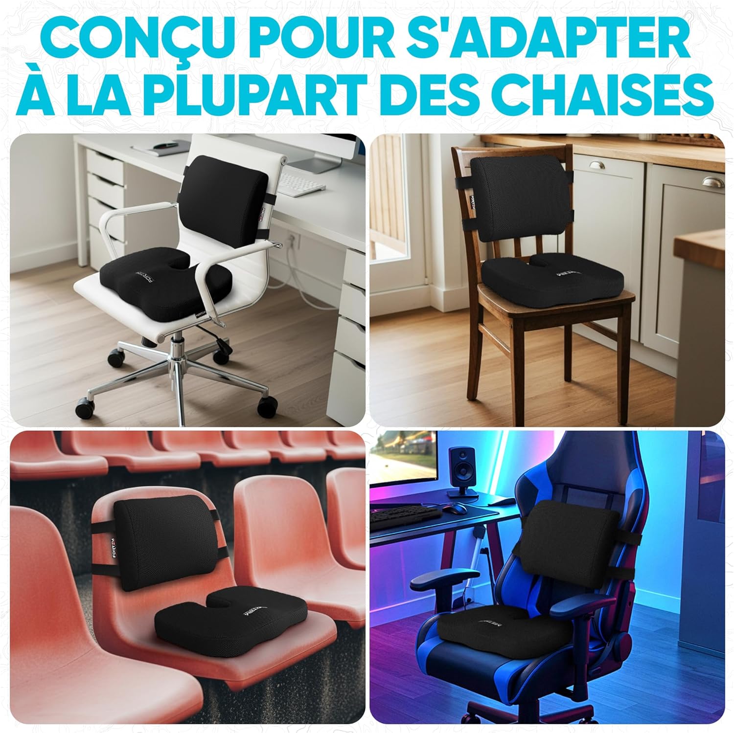 FORTEM - coussin lombaire et assise - mousse mémoire - antidérapant, soutien dos, confort prolongé