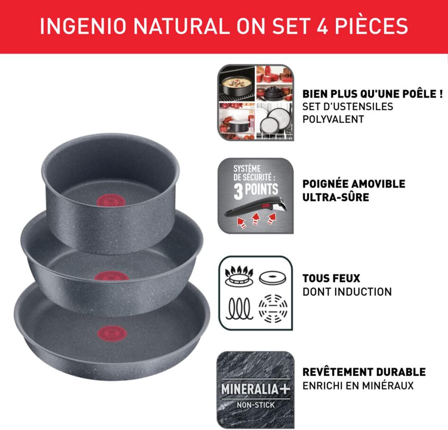 Tefal - Ingenio Natural On - 2 poêles, 1 casserole, poignée amovible, induction, antiadhésif, empilable, L7669402