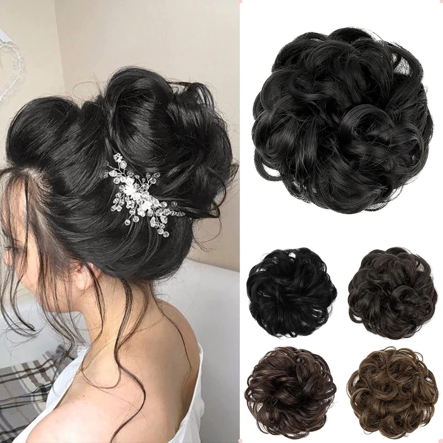 JJstar - Chignon postiche bouclé, élastique, noir naturel, volumineux