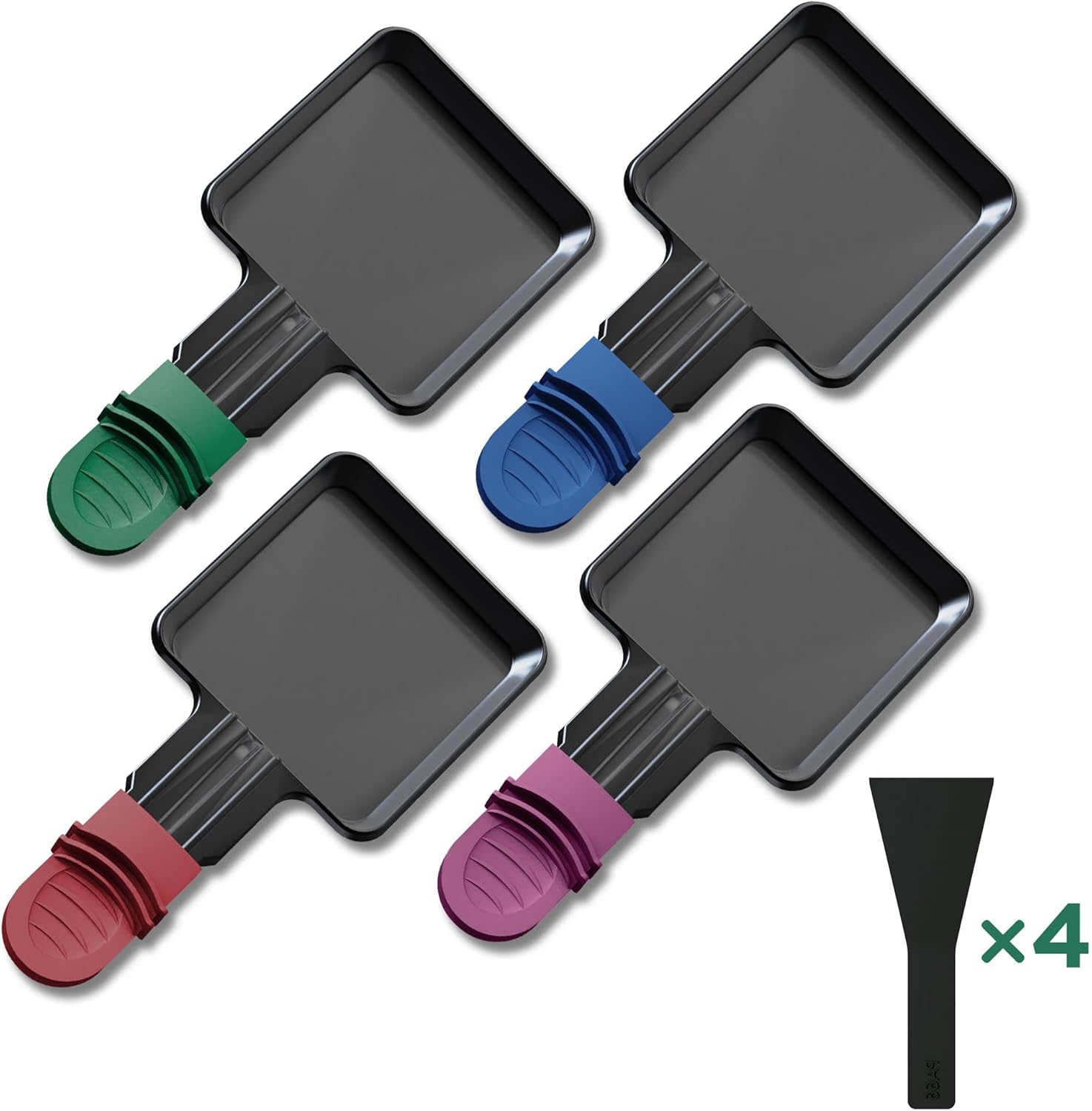 Poêlons à raclette carrés - poignée colorée - antiadhésif - 4 spatules - lave-vaisselle