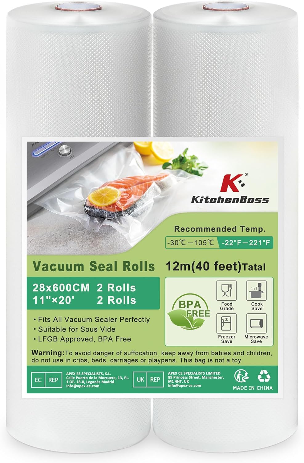 KitchenBoss - rouleaux sacs sous vide 28x600cm - sans BPA, compatibles mise sous vide