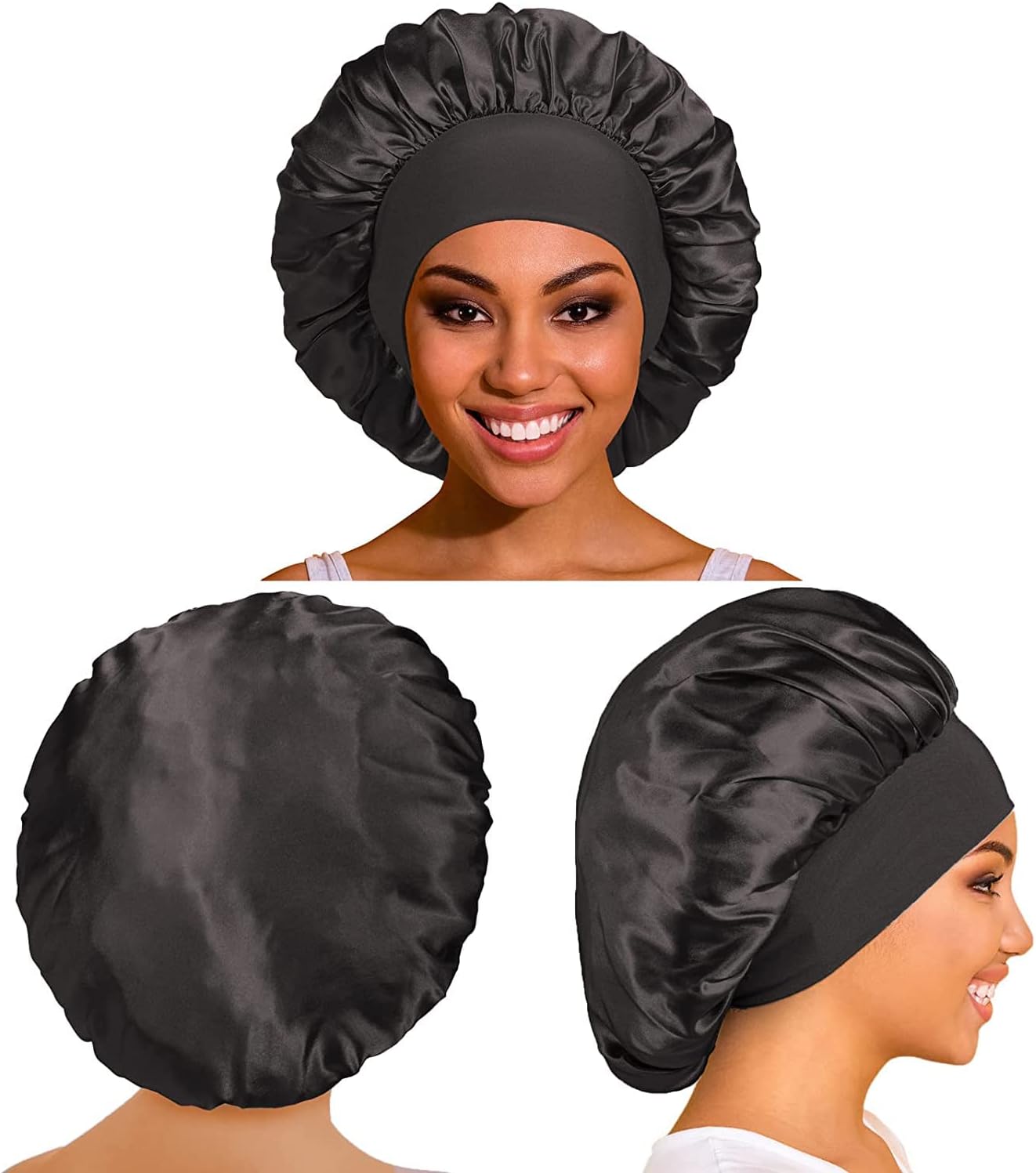 Bonnet satin femme - 2 pièces - protection nuit, doublure soie, réglable