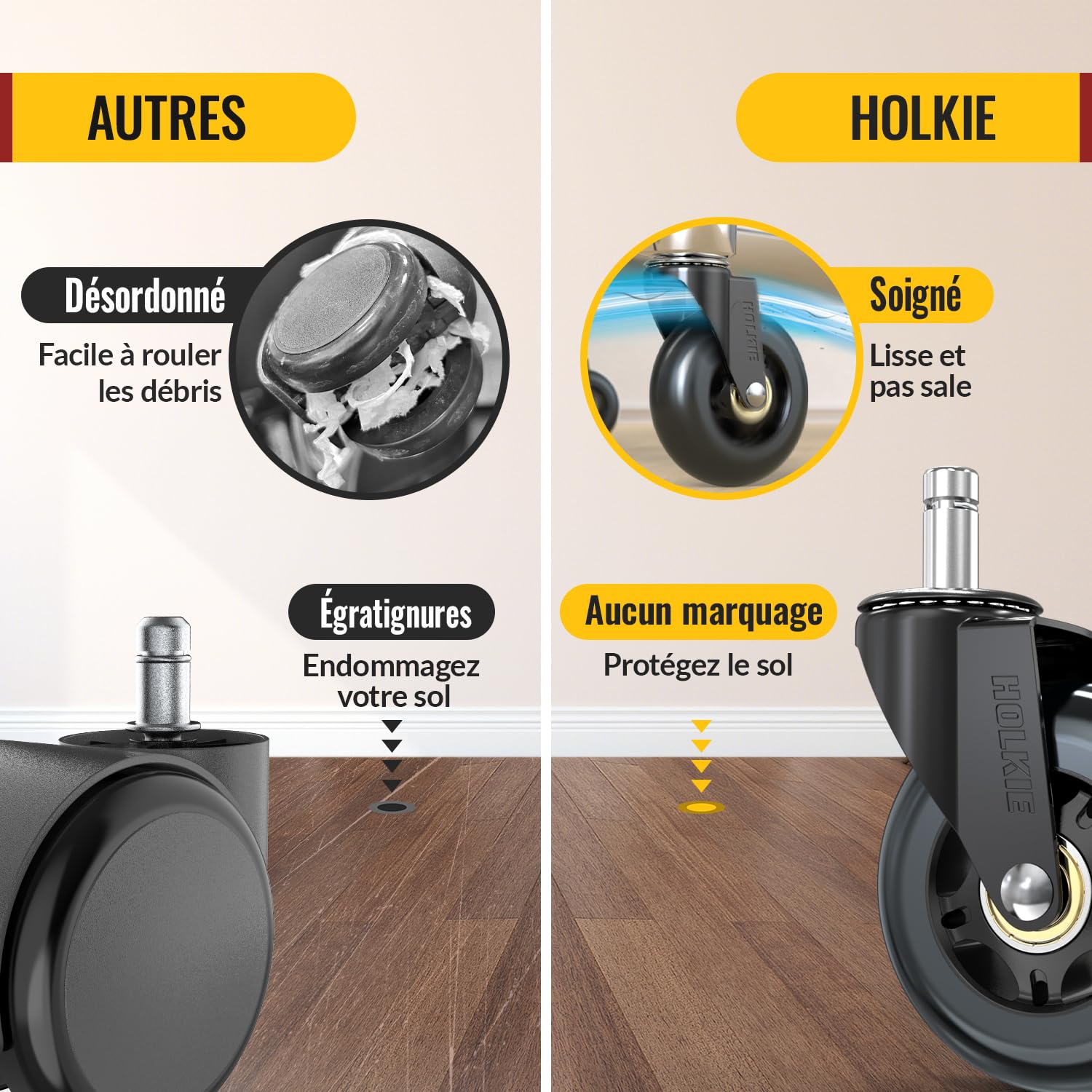 HOLKIE - roulettes chaise bureau - 11x22mm - caoutchouc, lot de 5, sols durs/tapis
